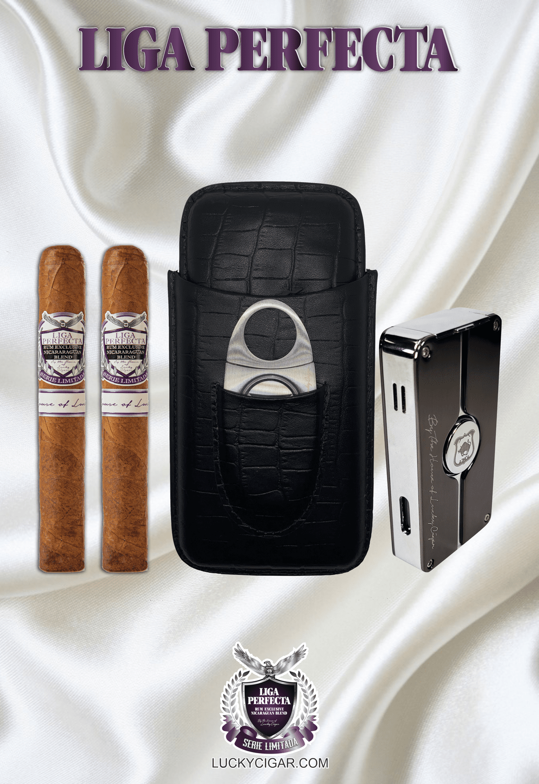 Rum Cigars: Liga Perfecta Set - 2 Habano Toro Cigars with Travel Humidor, Cutter, Lighter