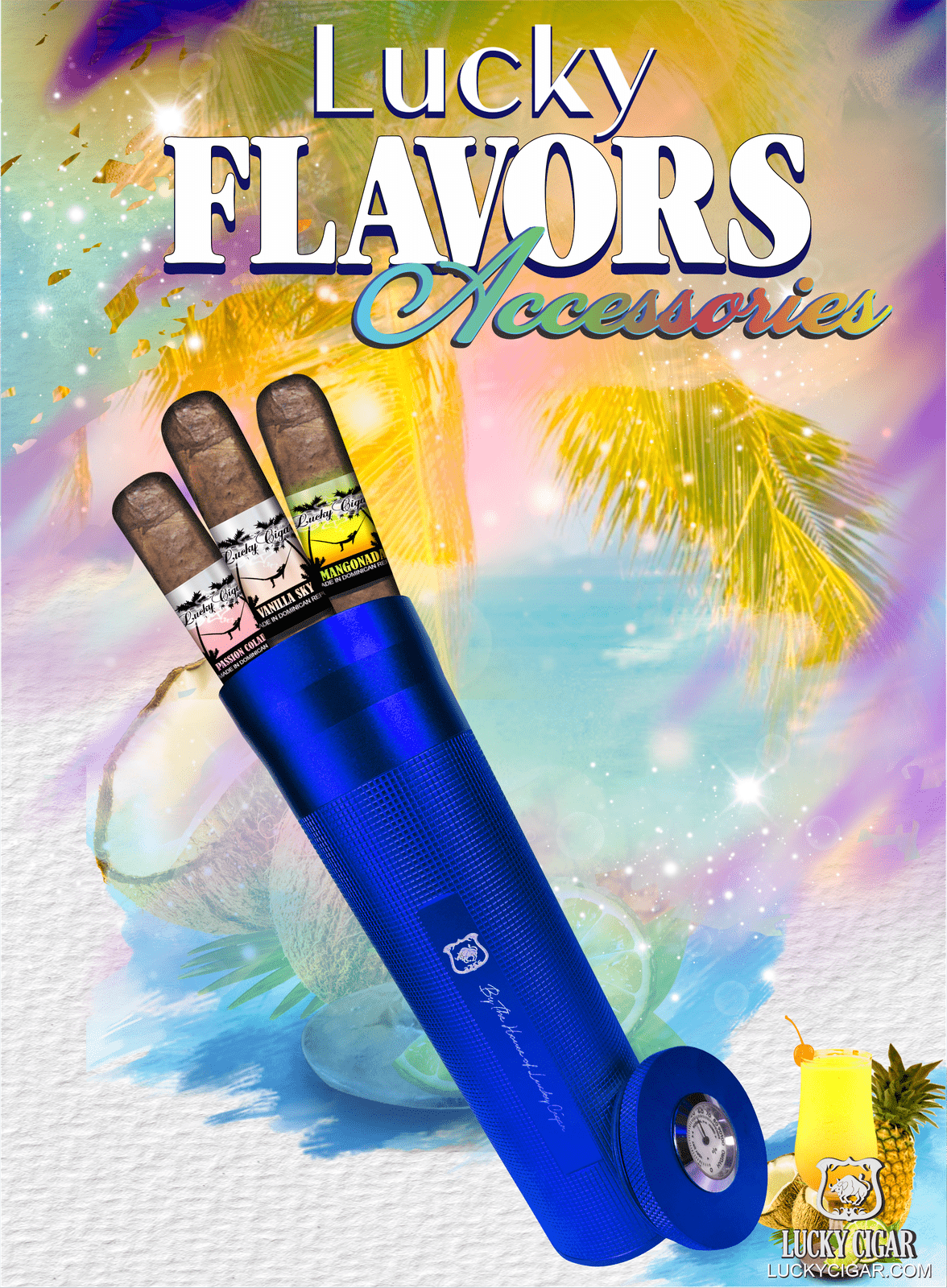 Flavored Cigars: Lucky Flavors 3 Cigar Set with Blue Travel Humidor