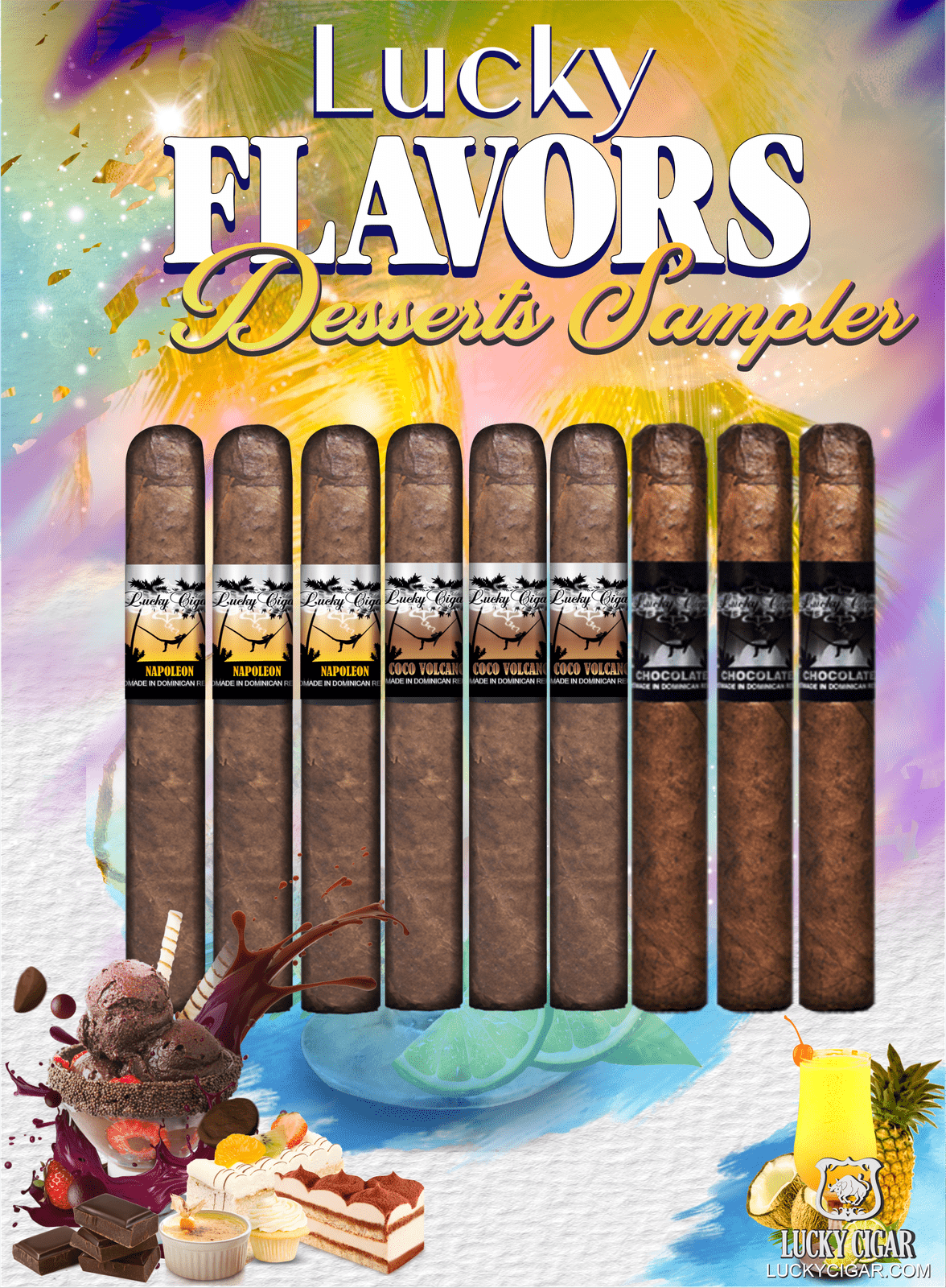 Flavored Cigars: Lucky Flavors 9 Piece Desserts Sampler - Napoleon, Coco Volcano, Chocolate 3 Napoleon 5x42 Cigars 3 Coco Volcano 5x42 Cigars 3 Chocolate 5x42 Cigars