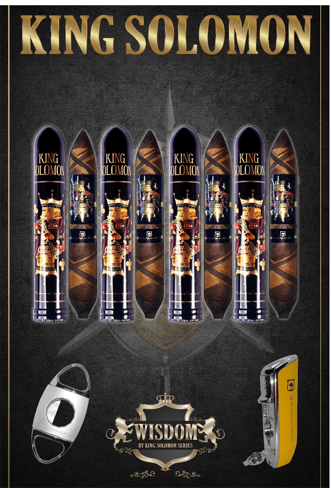 From The King Solomon Series: 4 Solomon 7x60 Cigars with Torch, Cutter Set