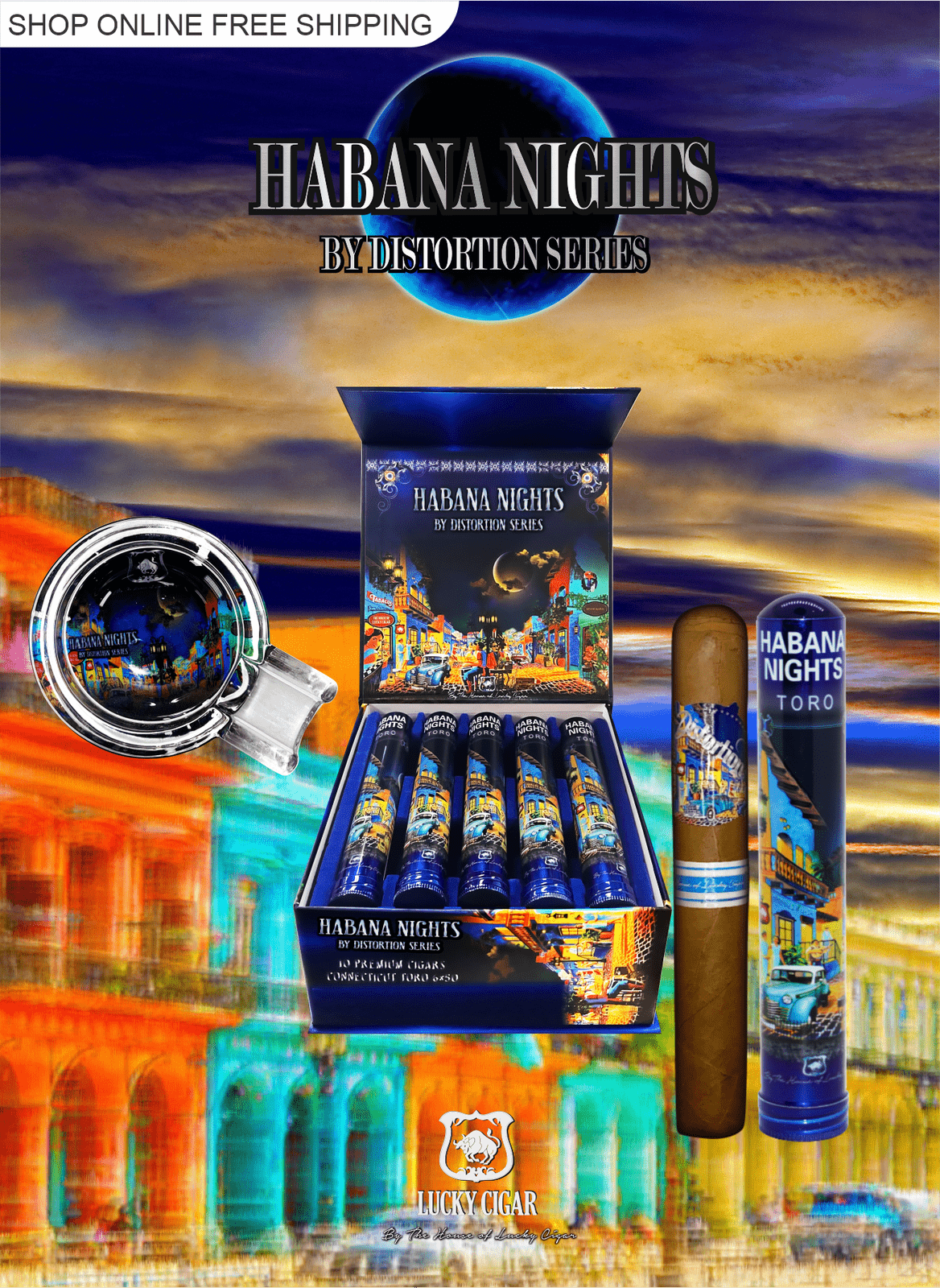 Habana Nights 6x50 Cigar From The Distortion Series: Box of 10 Cigars with Crystal Glass Ashtray