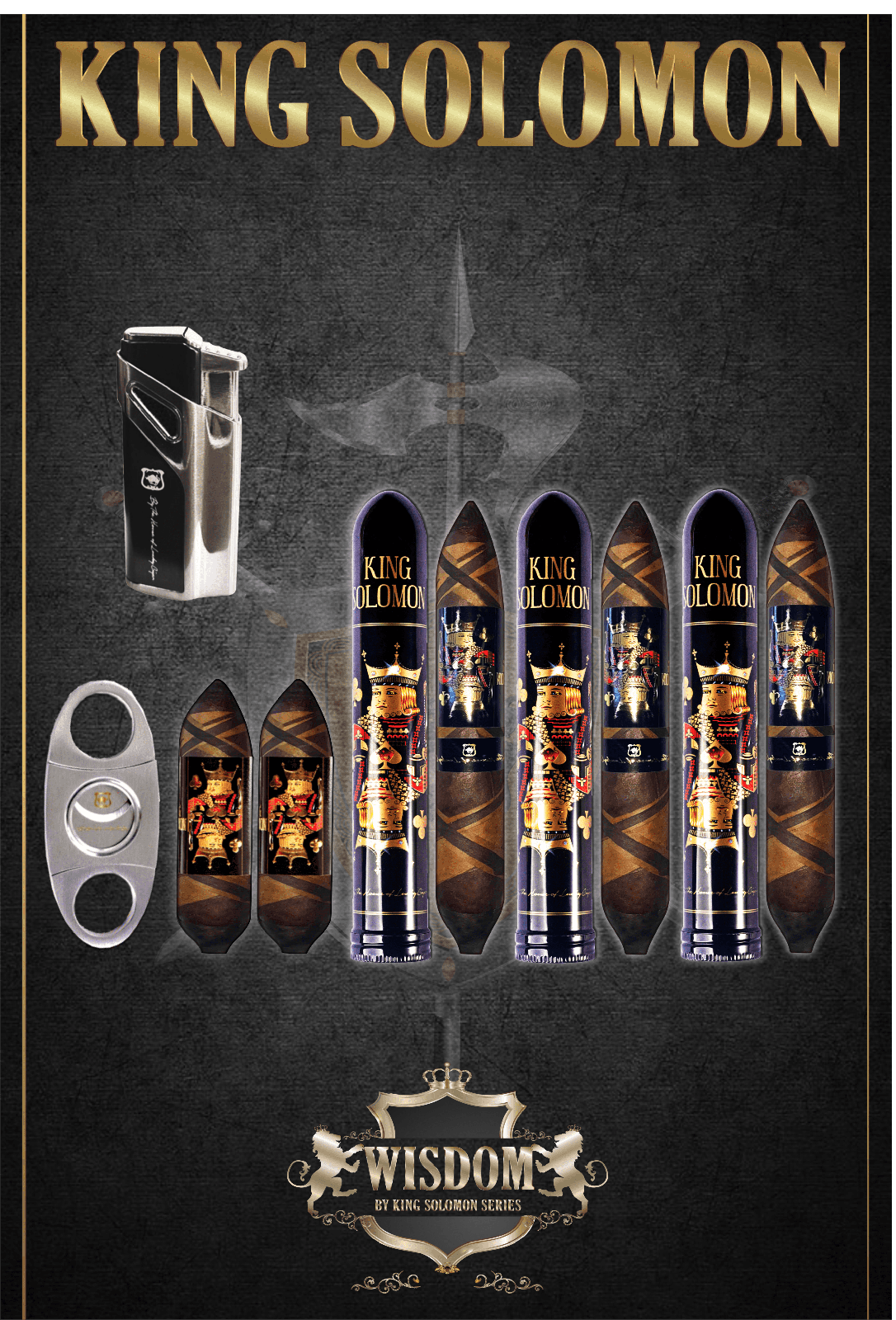 Wisdom 4x60 Cigar From The King Solomon Series: Set of 2 and 3 King Solomon 7x58 Cigar with Cutter and Lighter