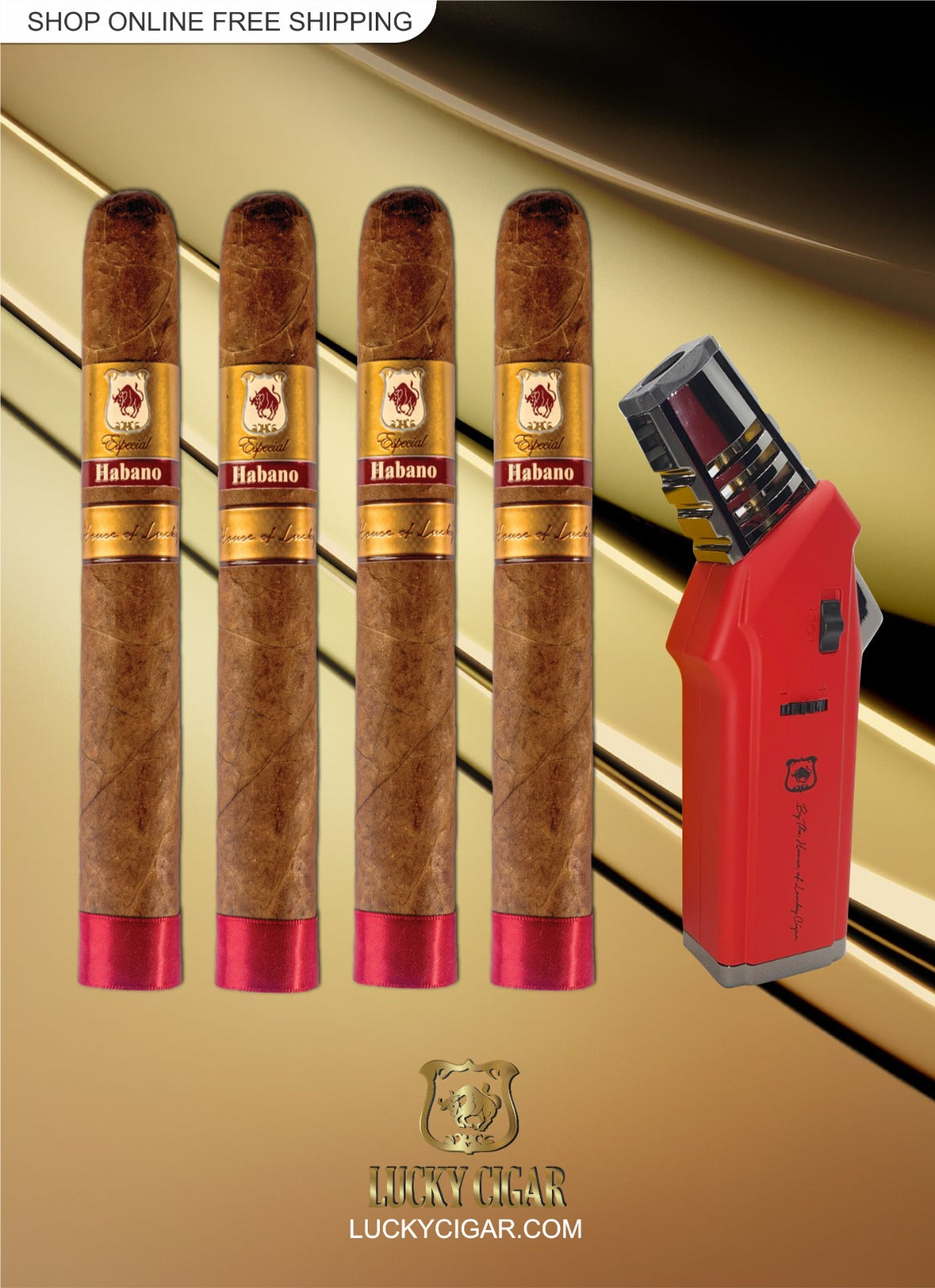 Habano Cigars: Especial Habano by Lucky Cigar: Set of 4 Cigars, 4 Toro with Lighter