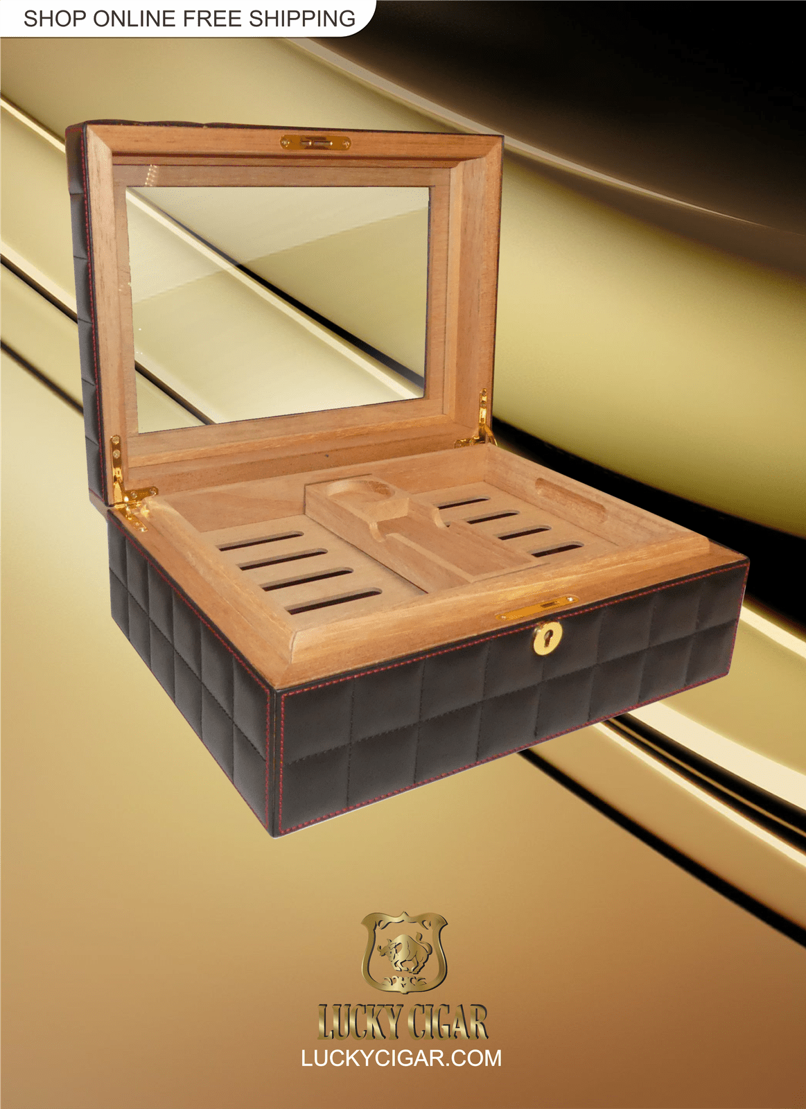 Cigar Lifestyle Accessories: Desk Humidor with Black Block Design and Red, Gold Accents
