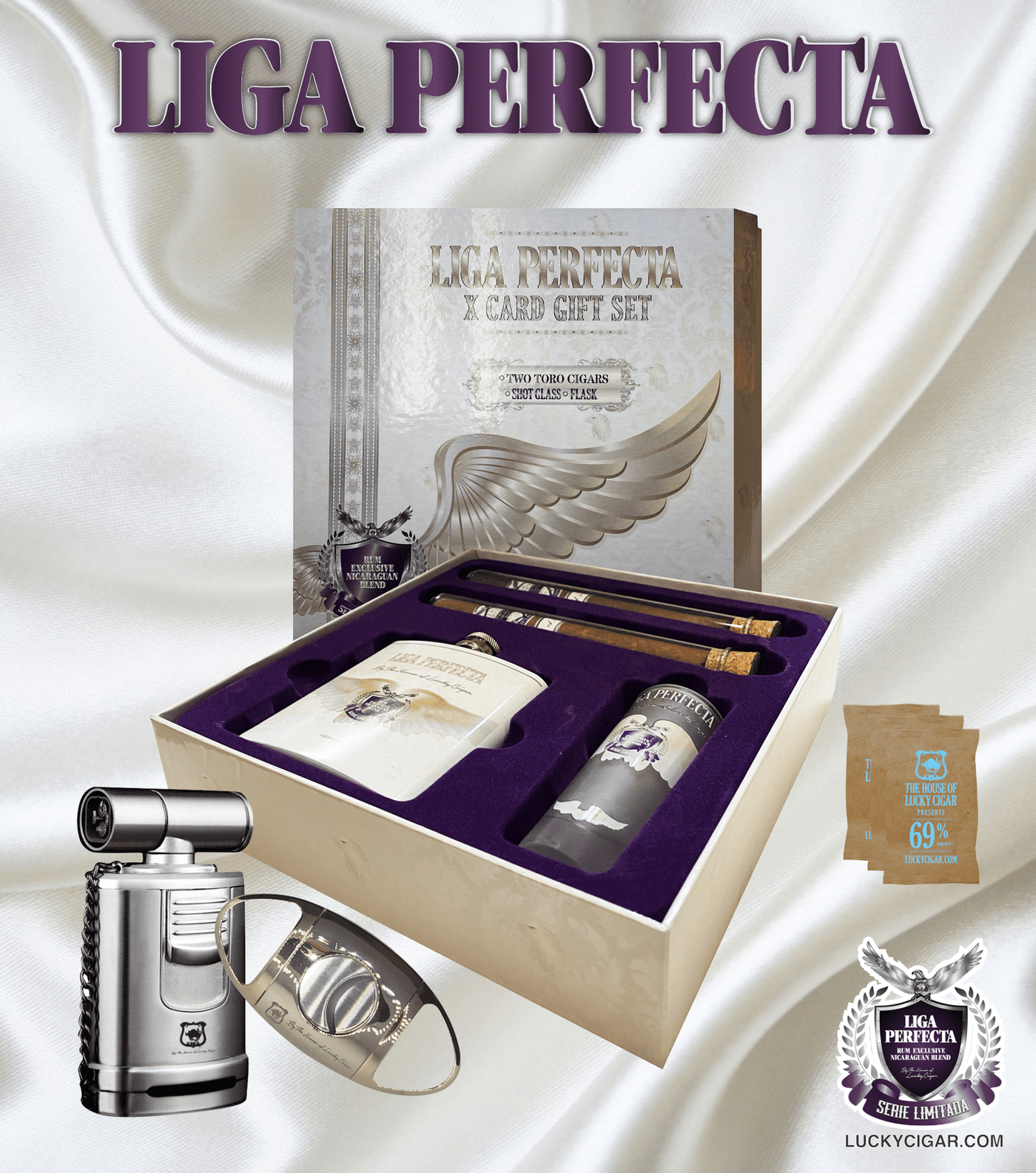 Rum Cigars: Liga Perfecta Set - 2 Habano Toro Cigars with Flask, Glass, Cutter, Lighter