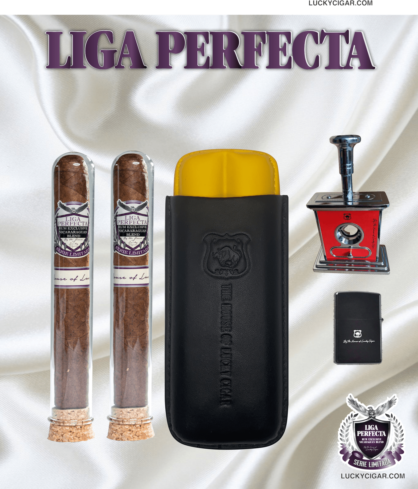 Rum Cigars: Liga Perfecta Set - 2 Habano Toro Cigars in Glass with Humidor, Cutter, Lighter