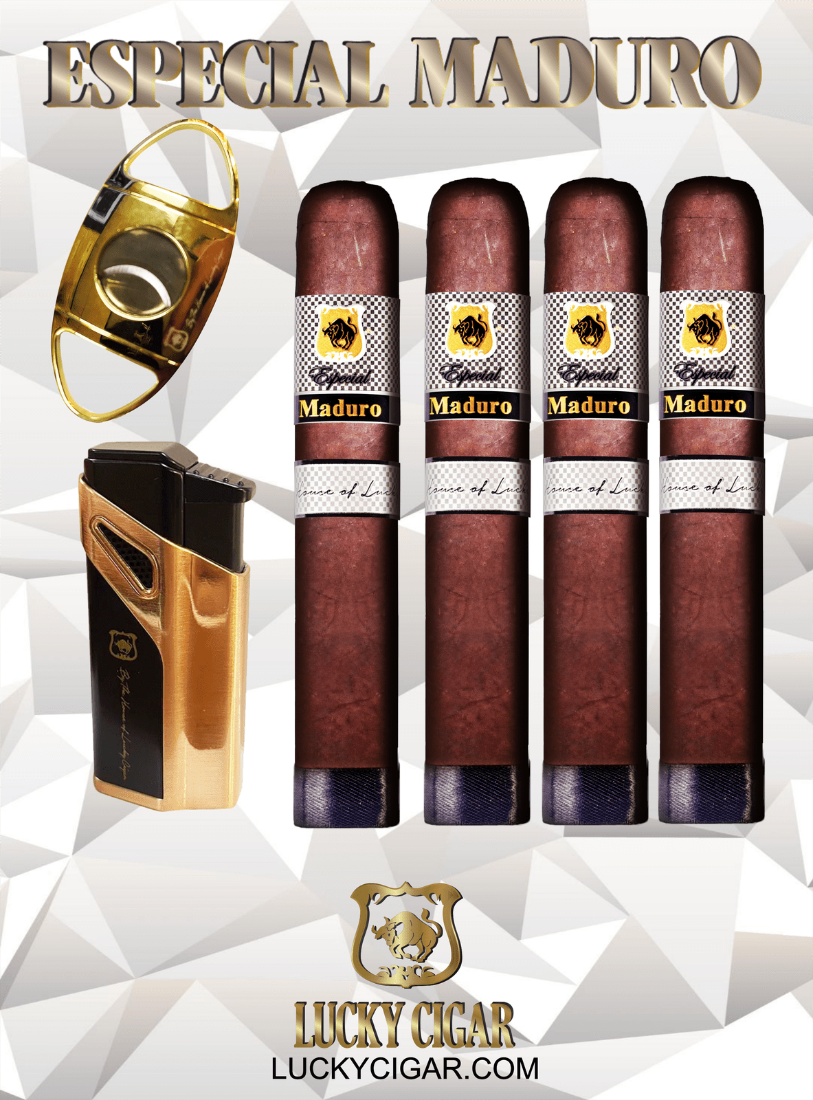 Maduro Cigars: Especial Maduro by Lucky Cigar: Set of 4 Cigars, 4 Toro with Torch, Cutter