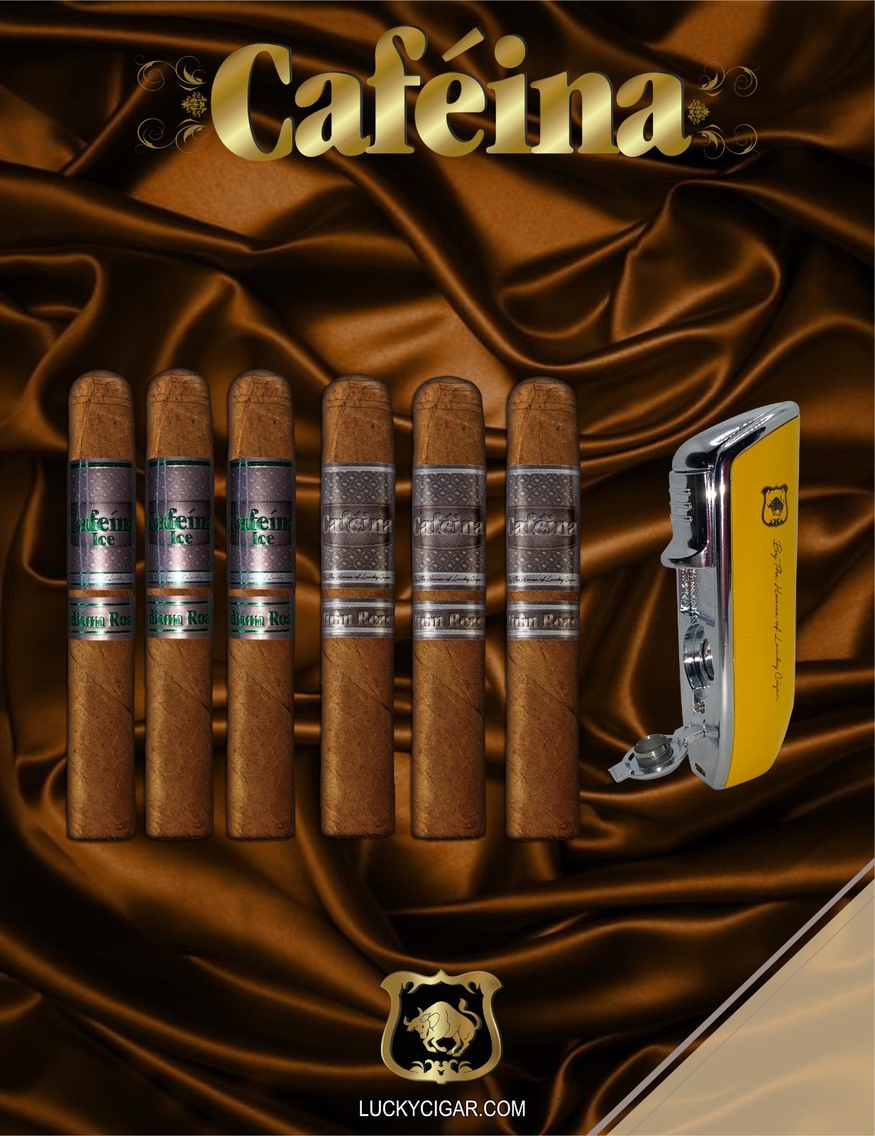 Infused Cigars: Set of 6 Cafeina Roast Cigars - 3 Medium 6x52, 3 Medium Ice 6x52 Cigars with Torch