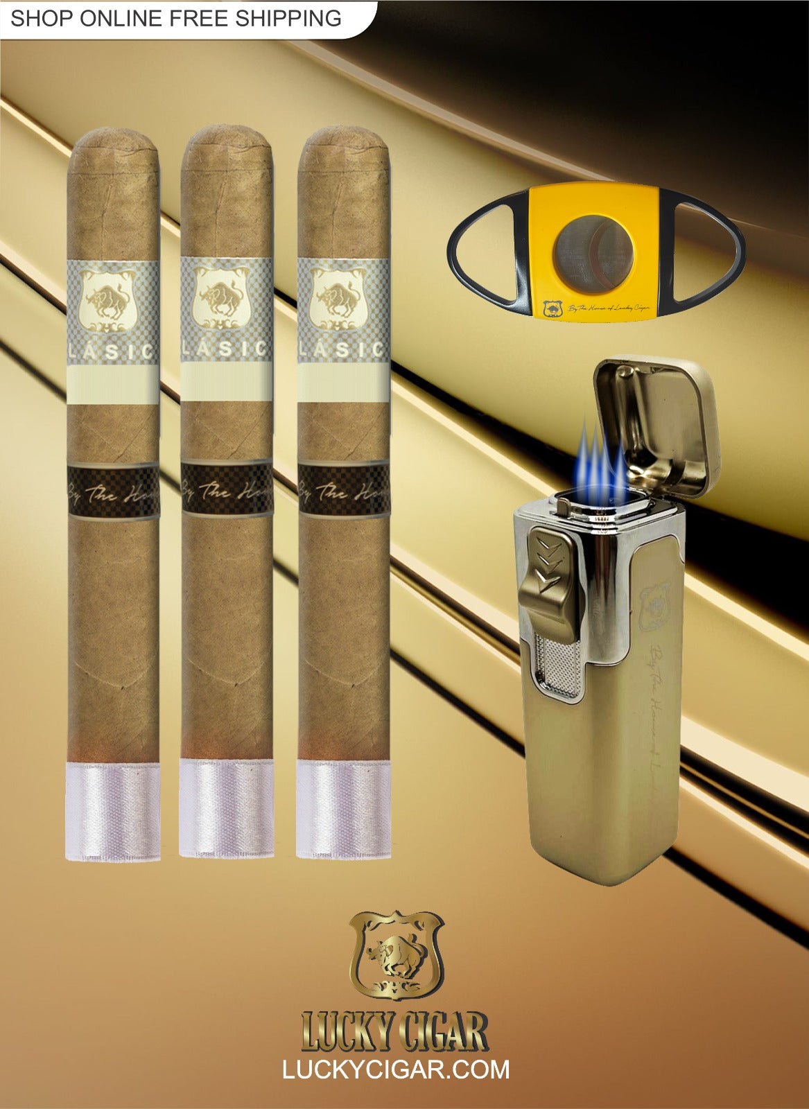 Lucky Cigar Sampler Sets: Set of 3 Classico Robusto Cigars with Torch, Cutter