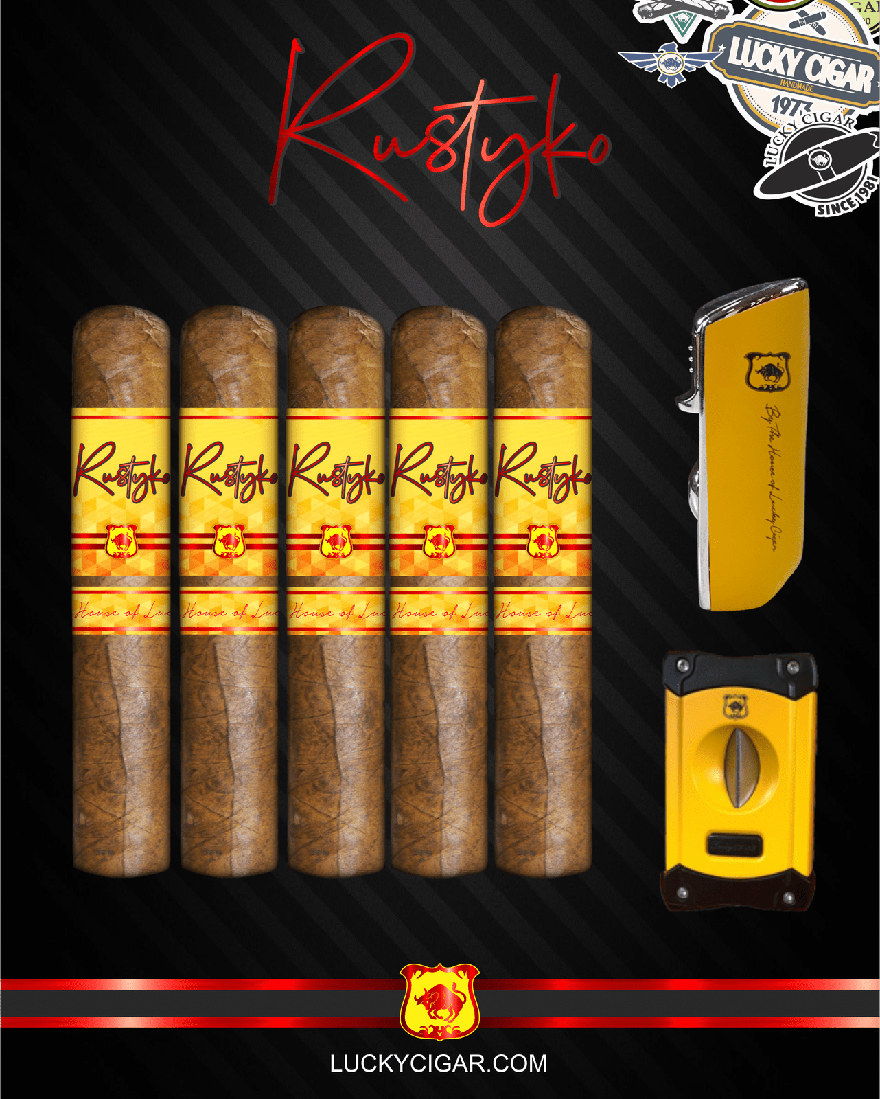 Infused Cigars: Rustyko Robusto 5x54 Cigars - Set of 5 with Yellow Lighter, Cutter