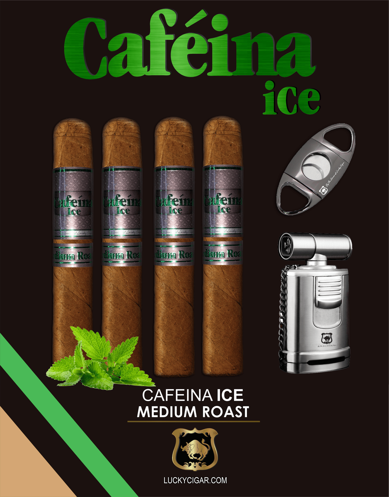 Infused Cigars: Set of 4 Cafeina Ice Medium Roast Corona 5x48 Cigars with Torch, Cutter 