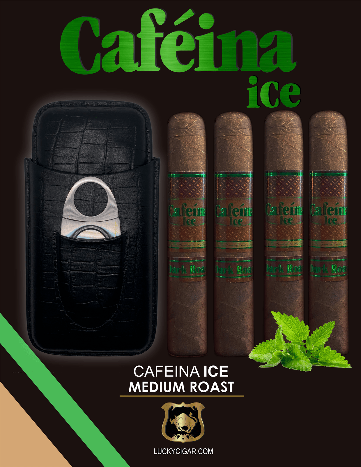 Infused Cigars: Set of 4 Cafeina Ice Dark Roast Magnum 5x58 Cigars with Travel Humidor 