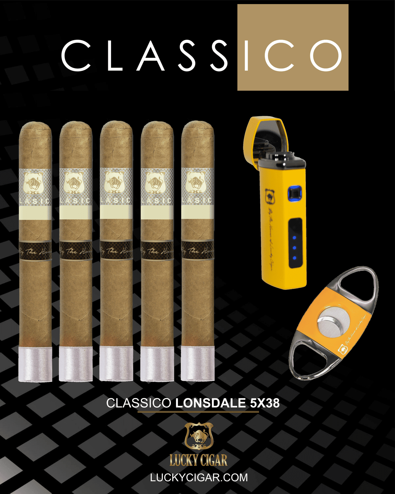 Classic Cigars - Classico by Lucky Cigar: Set of 5 Cigars, 5 Lonsdale with Torch, Cutter