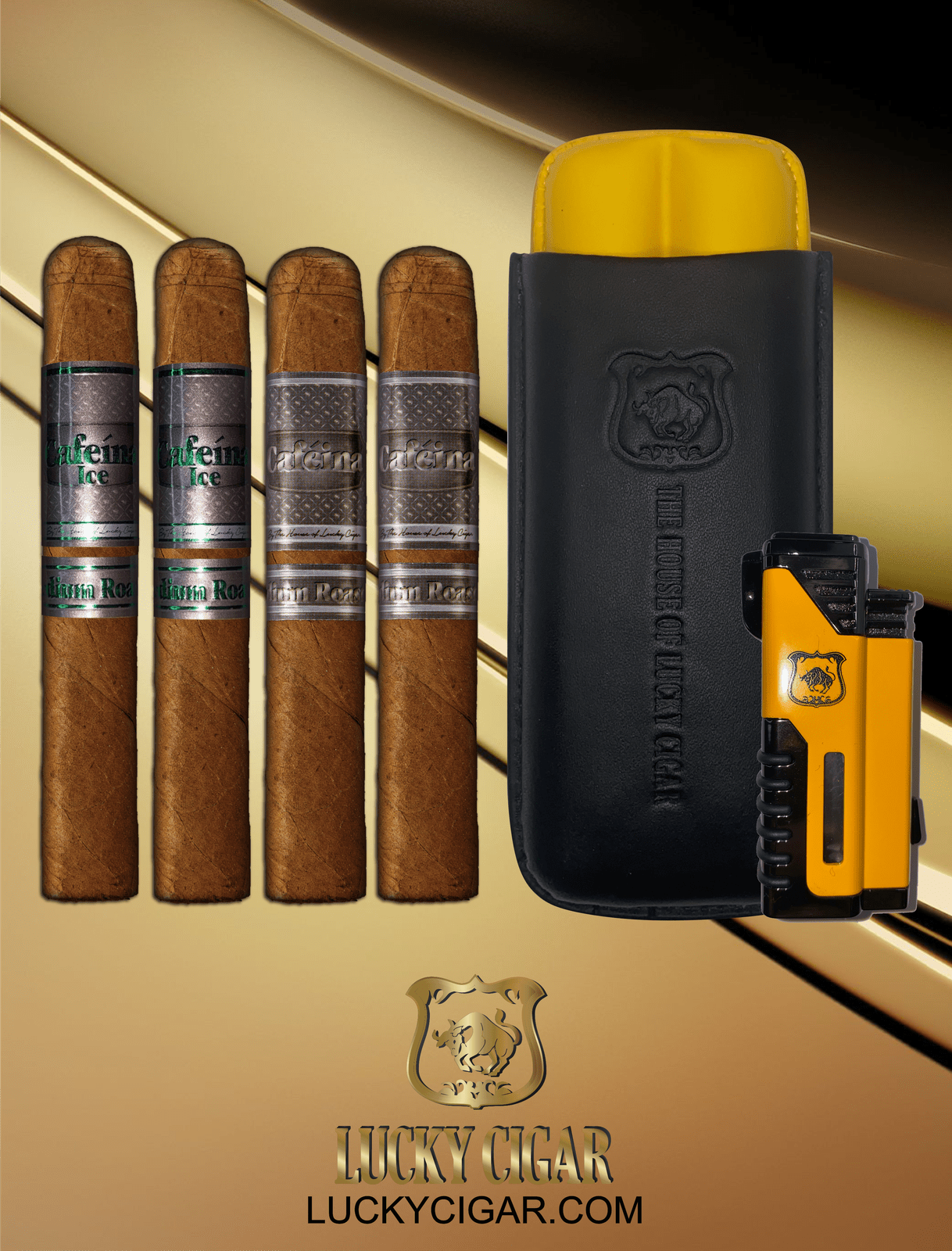 Lucky Cigar Sampler Sets: Set of 2 Cafeina Toro Cigars with Torch, Travel Humidor Case