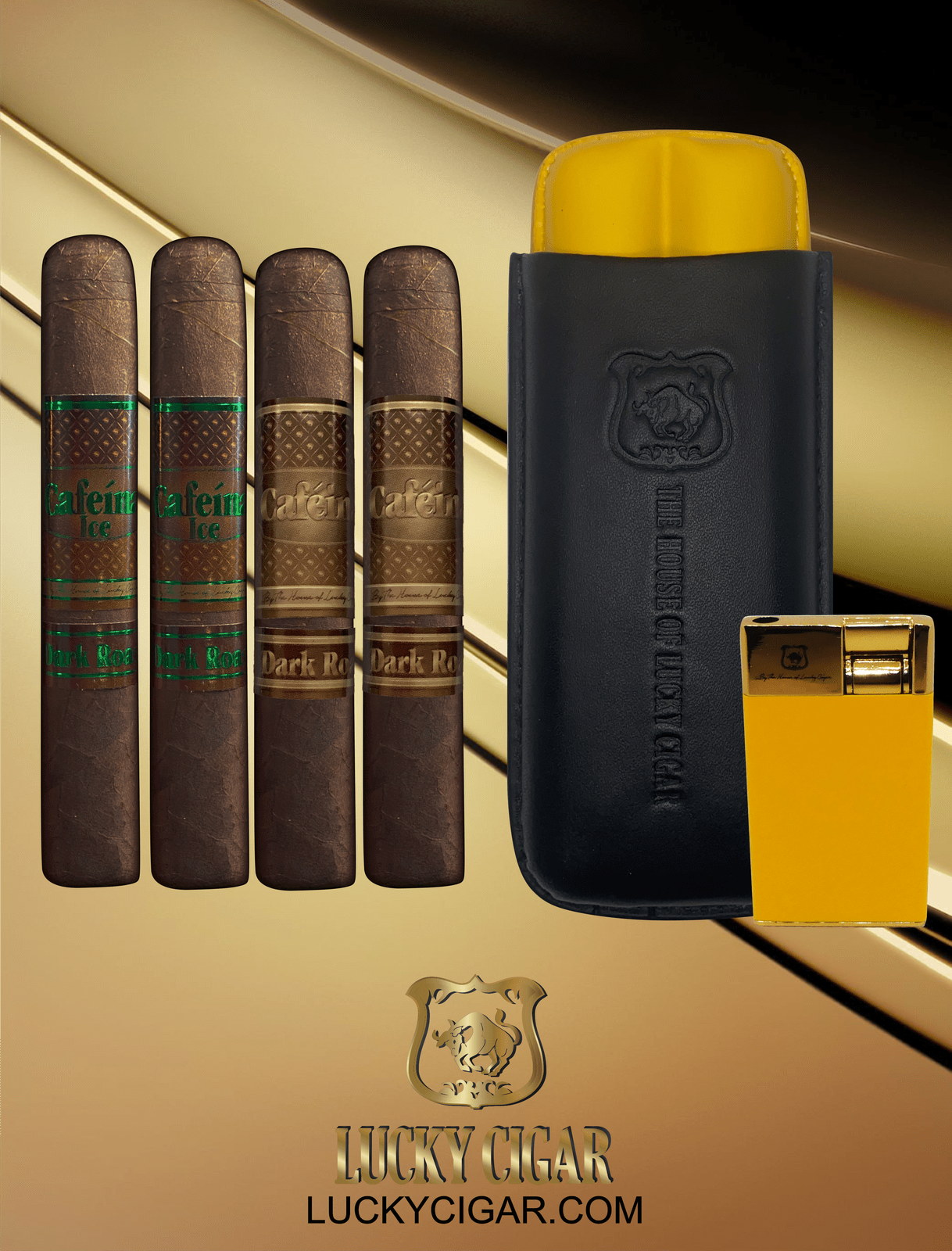 Lucky Cigar Sampler Sets: Set of 4 Cafeina Cigars with Torch, Travel Humidor Case