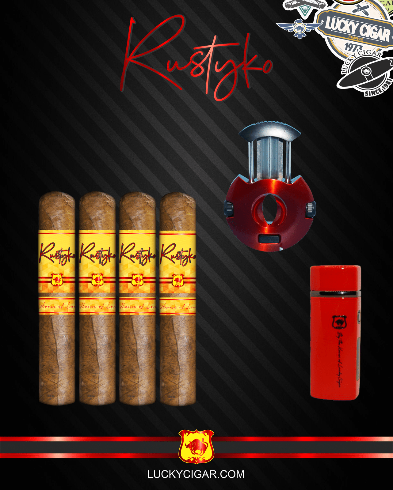 Infused Cigars: Rustyko Robusto 5x54 Cigars - Set of 4 with Red Torch, Round Cutter