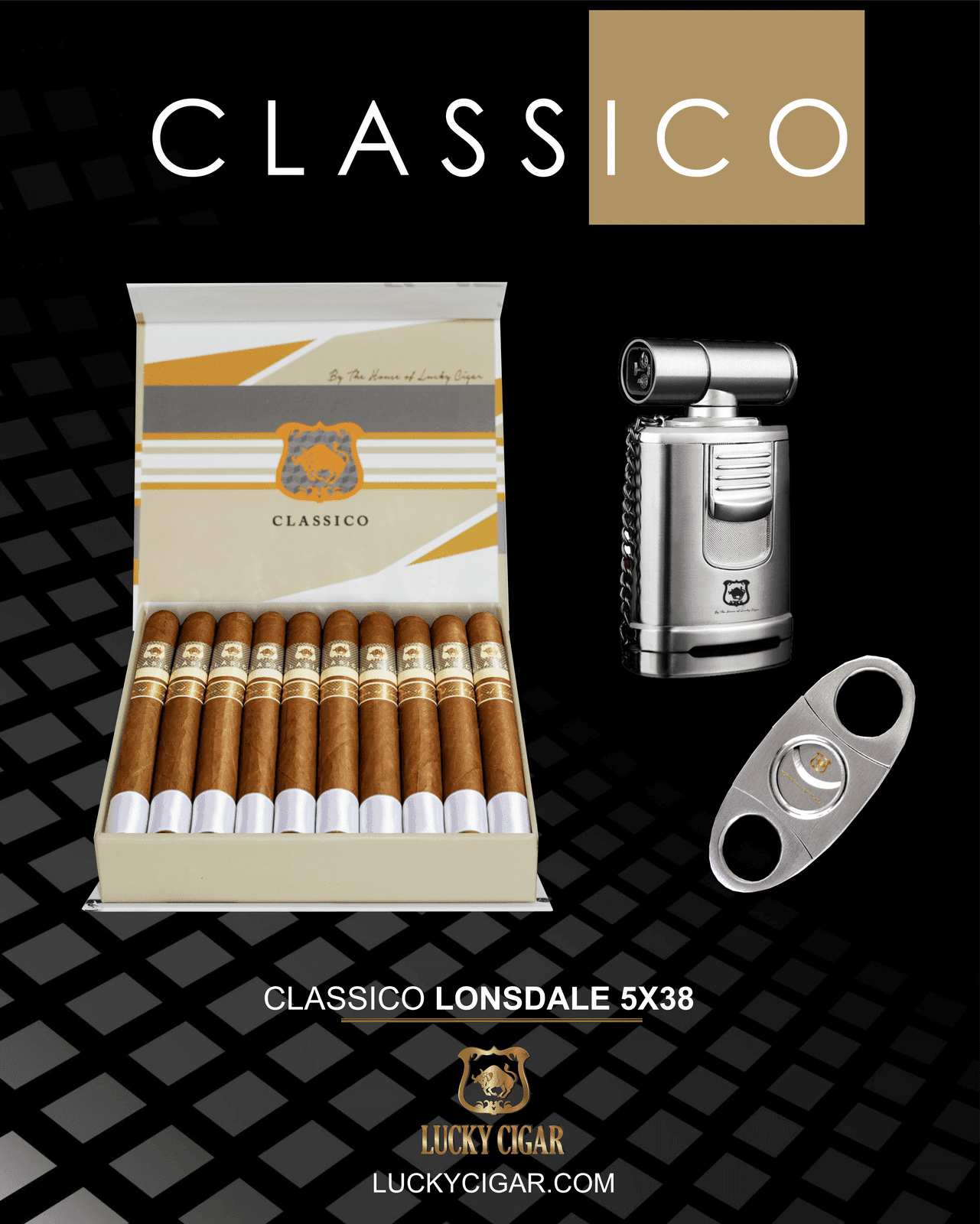 Classic Cigars - Classico by Lucky Cigar: Set of Lonsdale 5x38 Box of 20 with Torch, Cutter