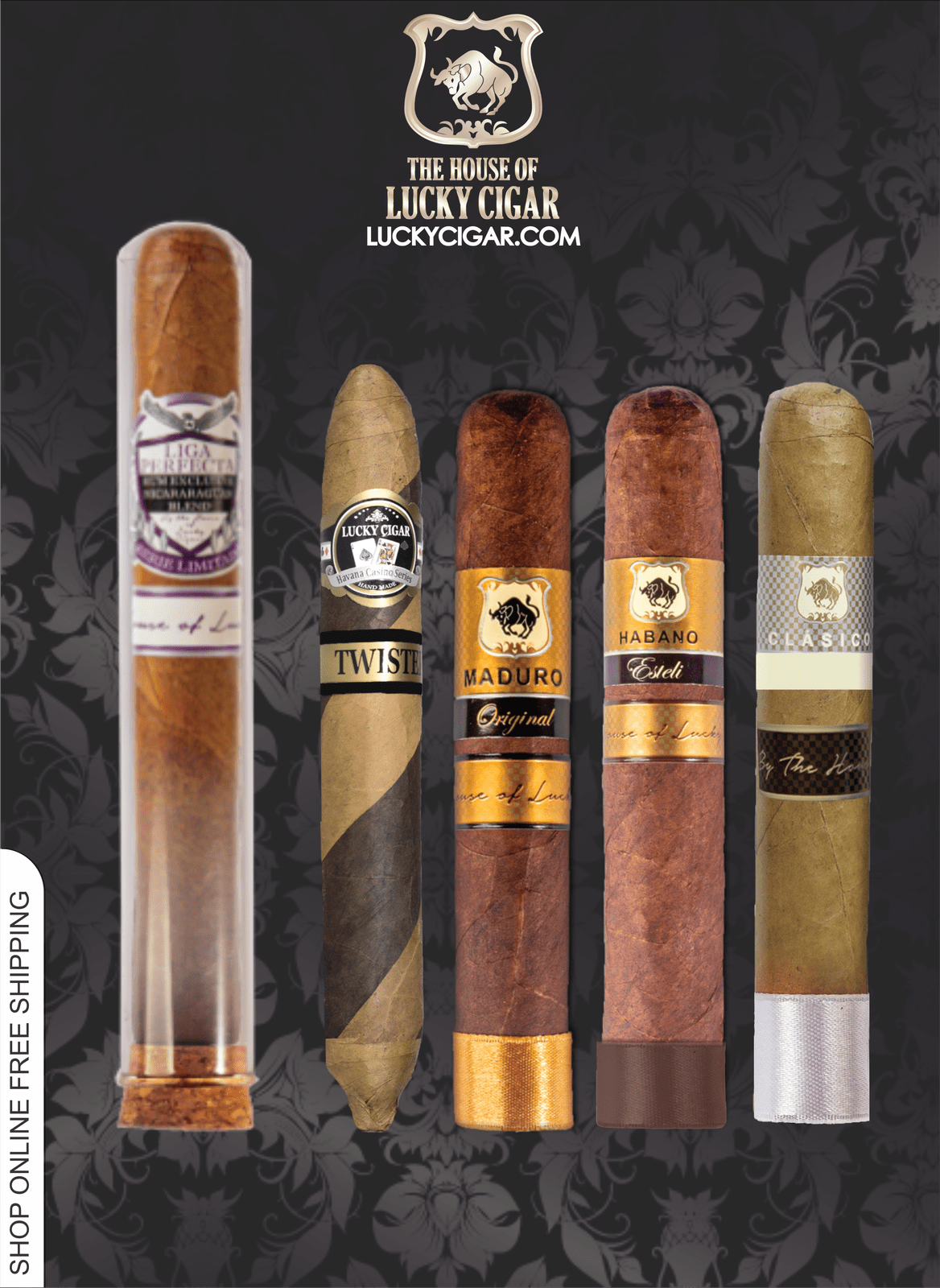 Lucky Cigar Sampler Sets: Set of 5 Cigars,Liga Perfecta, Twister, Classico, Especial Habano, Habano Esteli