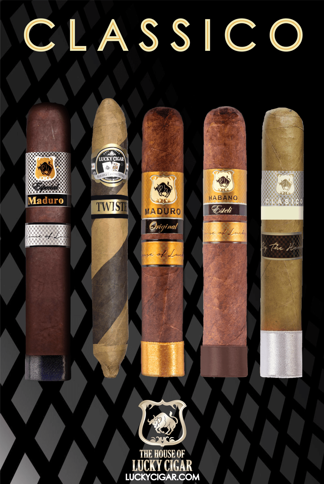 Lucky Cigar Sampler Sets: Set of 5 Cigars, Maduro Especial, Twister, Maduro Original, Habano Esteli, Classico 