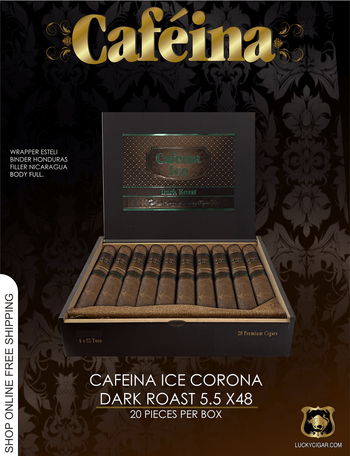 Infused Cigars: Cafeina Ice Dark Roast Corona 5.5x48 Box of 20