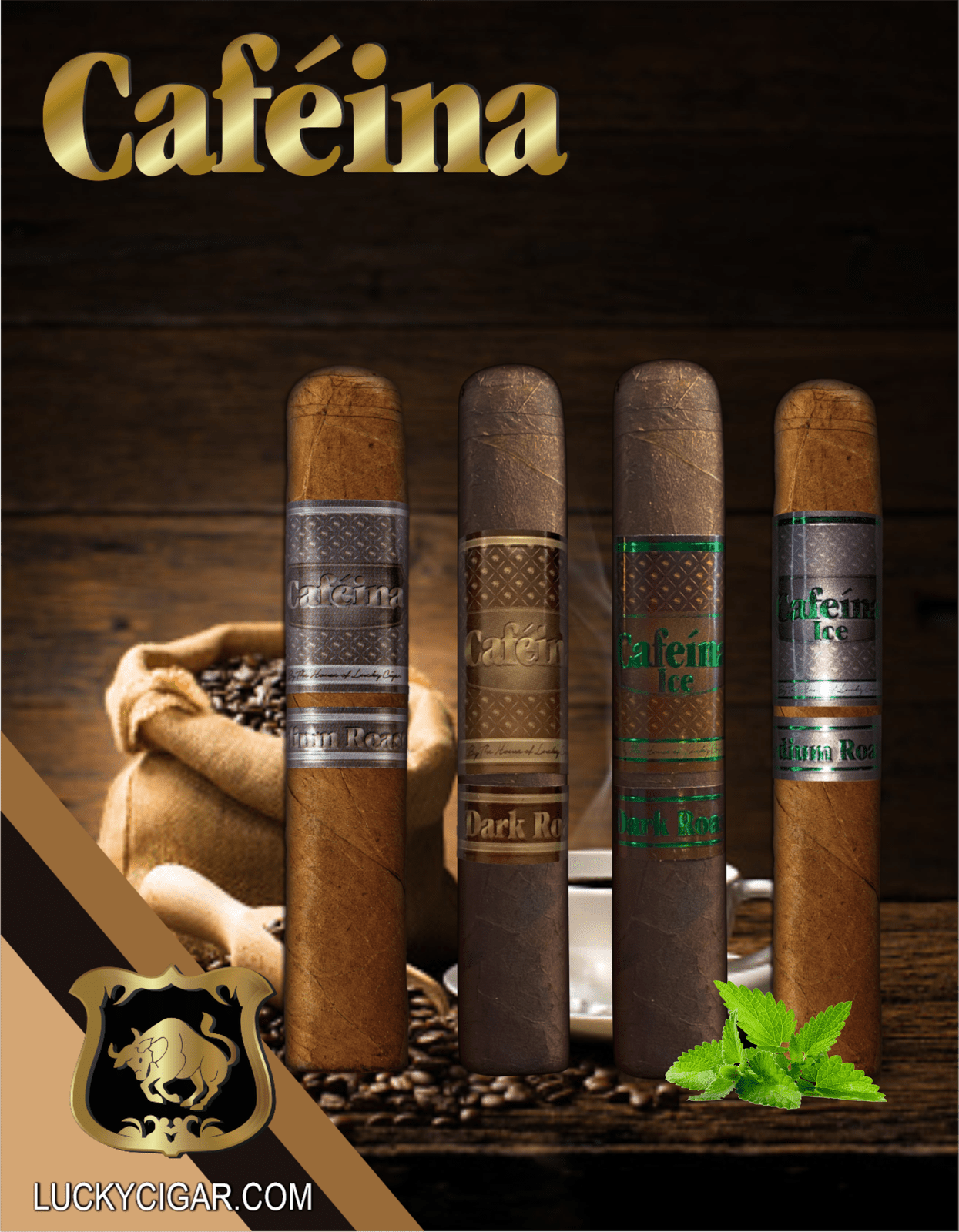 Infused Cigars: Set of 4 Cafeina Dark, Ice, Medium Roast in Magnum Size 5x58
