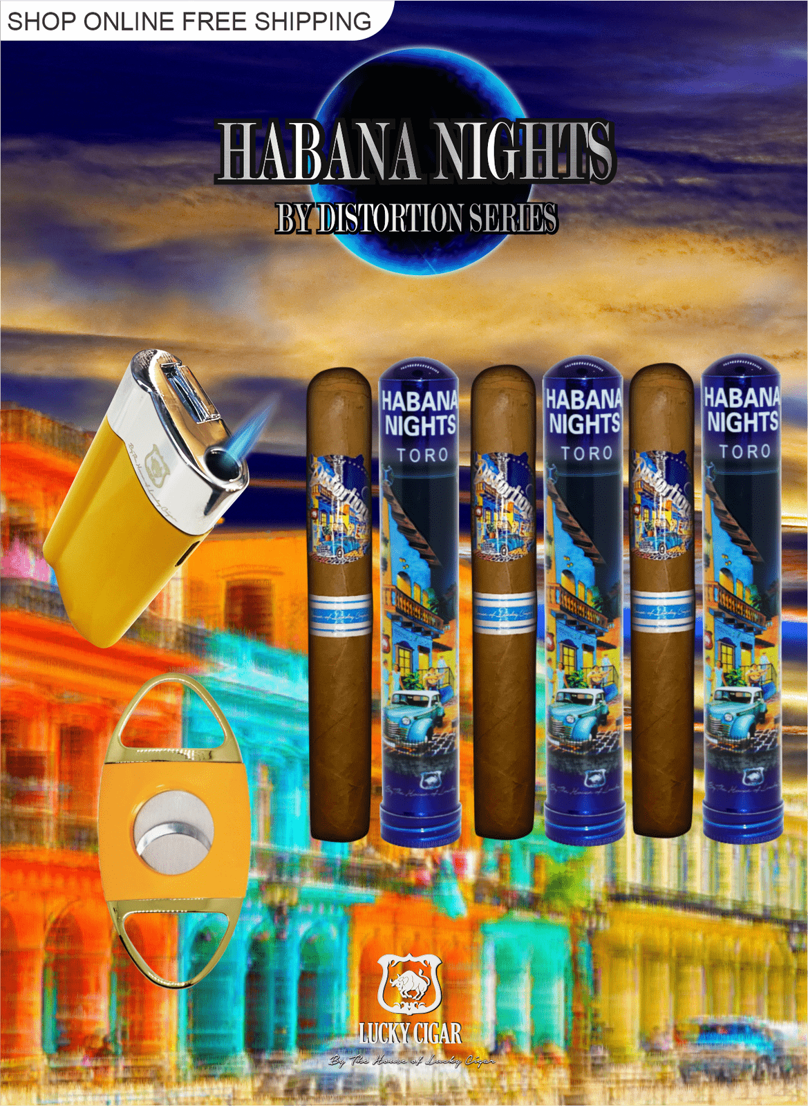 Habana Nights 6x50 Cigar From The Distortion Series: 3 Cigars, Torch, Cutter