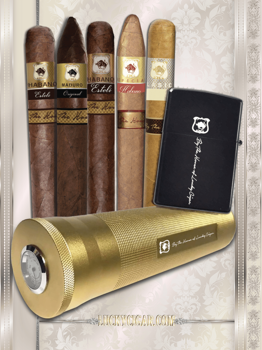 Cigar Lifestyle Accessories: Travel Humidor with Hygrometer Lid in Gold with 5 Cigars, Lighter