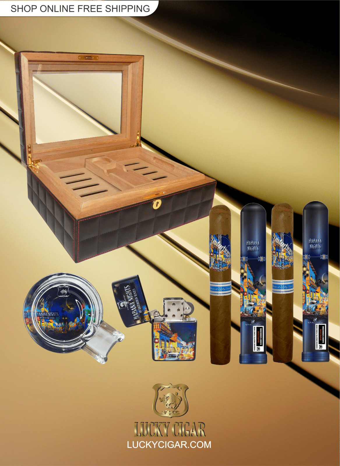 Lucky Cigar Sampler Sets: Set of 2 Habana Nights Cigars with Ashtray, Lighter