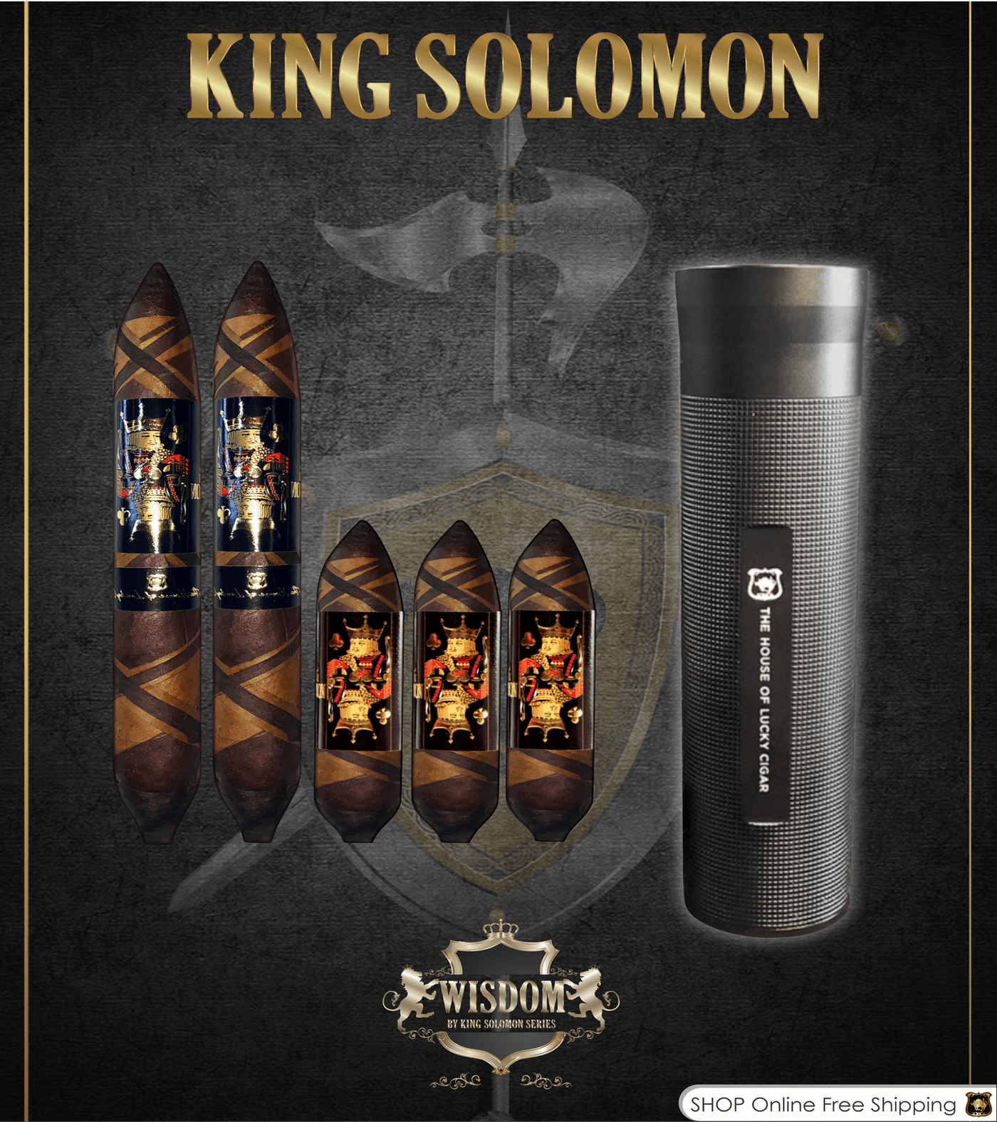 Wisdom 4x60 Cigar From The King Solomon Series: Set of 3 and 2 King Solomon 7x58 Cigar with Travel Humidor