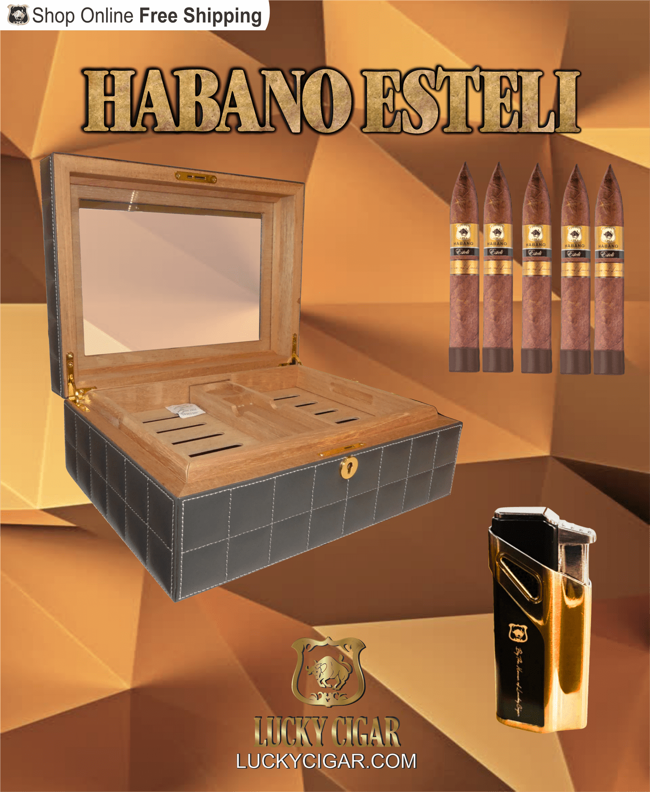 Habano Cigars: Habano Esteli by Lucky Cigar: Set of 5 Cigars, 5 Torpedo with Torch, Table Humidor