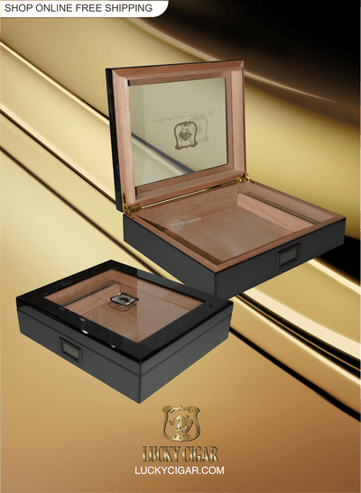 Cigar Lifestyle Accessories: Desk Humidor with Glass Top in Black Lacquer