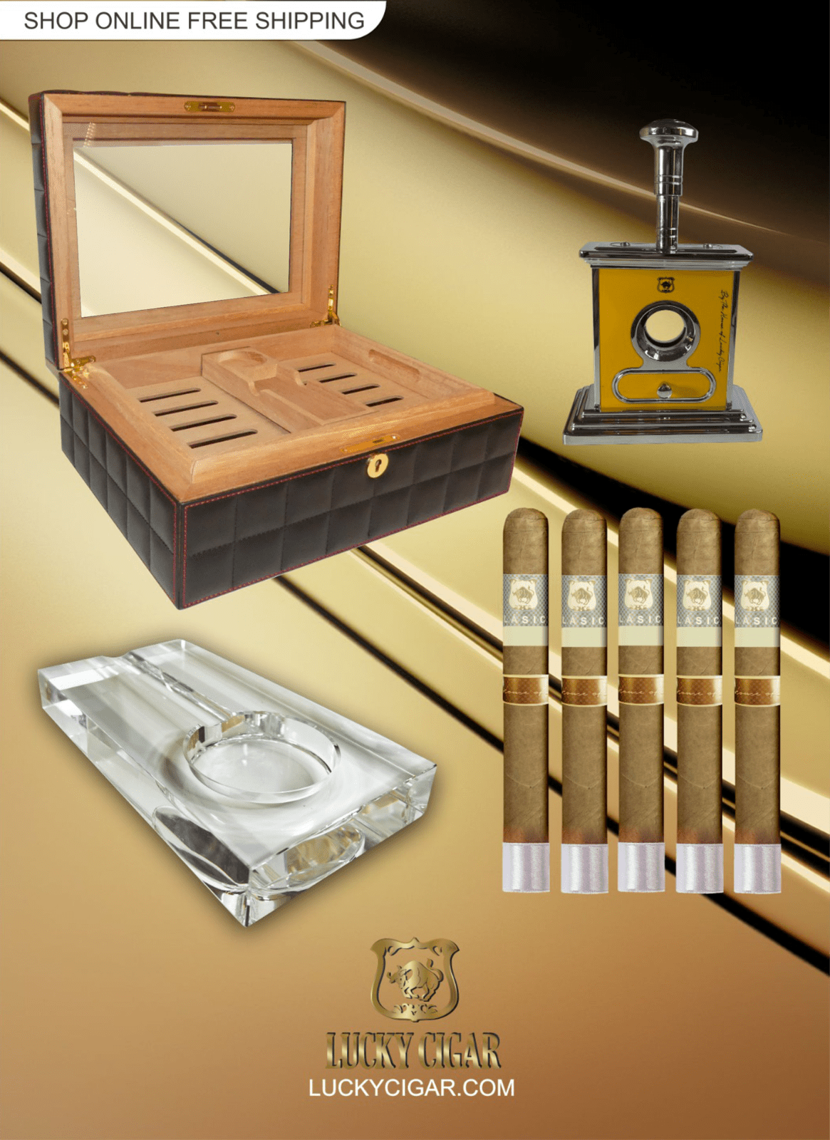 Lucky Cigar Sampler Sets: Set of 5 Classico Toro Cigars with Ashtray, Table Cutter, Desk Humidor