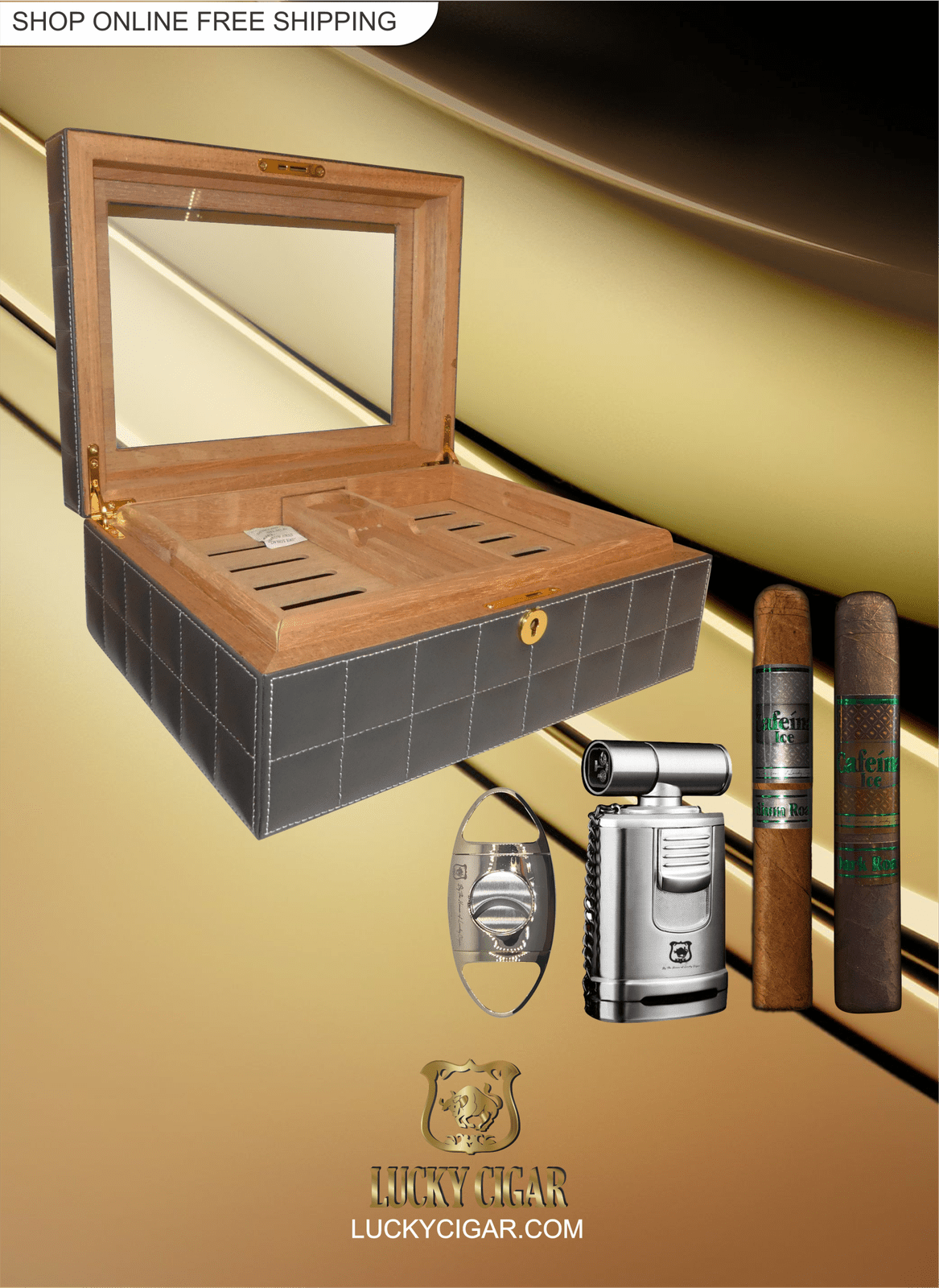 Cigar Lifestyle Accessories: Desk Humidor with Block Pattern and Glass Top  with Set of 2 Cigars, Torch, Cutter