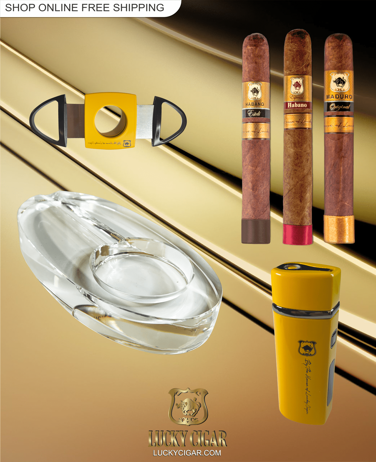Lucky Cigar Sampler Sets: Set of 3 Cigars with Torch, Cutter, Ashtray