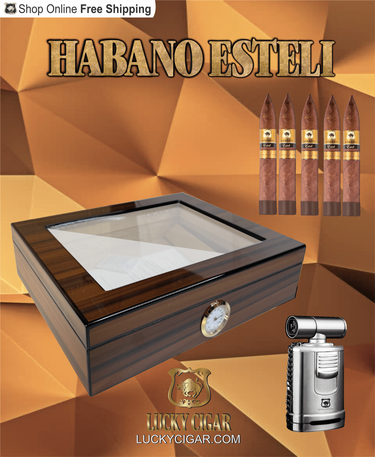 Habano Cigars: Habano Esteli by Lucky Cigar: Set of 5 Cigars, 5 Torpedo with Torch, Desk Humidor