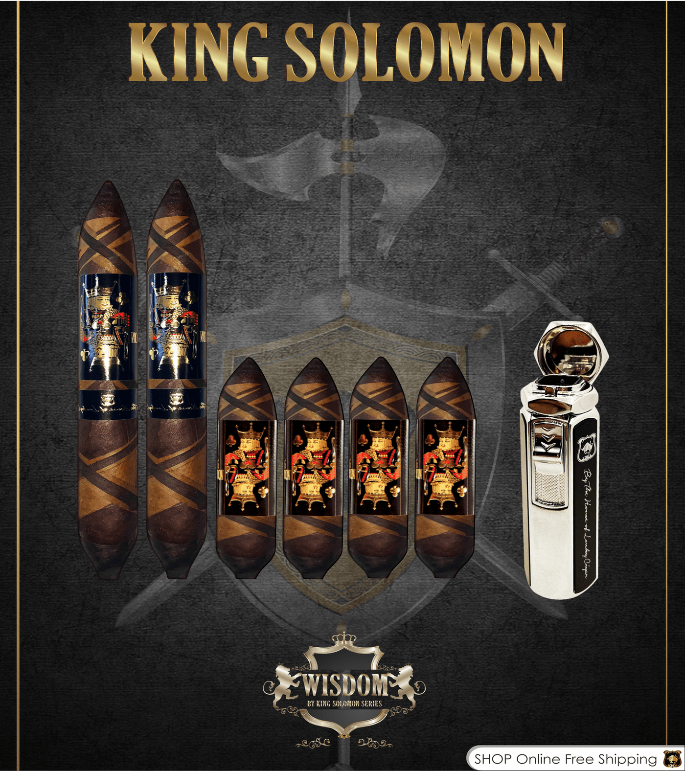 Wisdom 4x60 Cigar From The King Solomon Series: Set of 4 and 2 King Solomon 7x58 Cigar with Torch Lighter