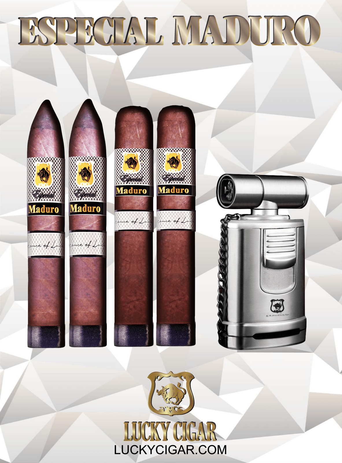 Maduro Cigars: Especial Maduro by Lucky Cigar: Set of 4 Cigars, 2 Toro, 2 Torpedo with Torch