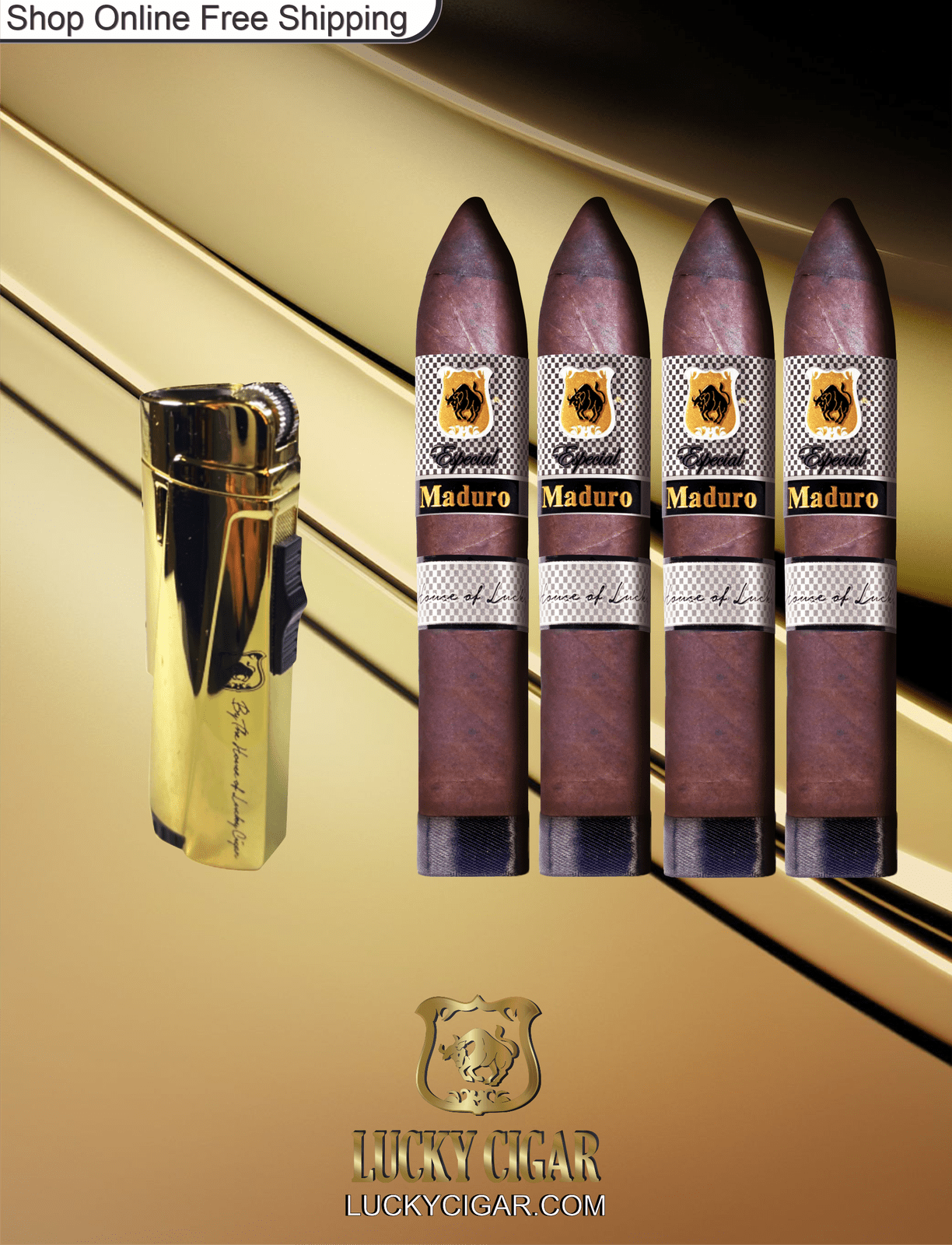 Lucky Cigar Sampler Sets: Set of 4 Especial Maduro Torpedo 6x52 Cigars with Lighter