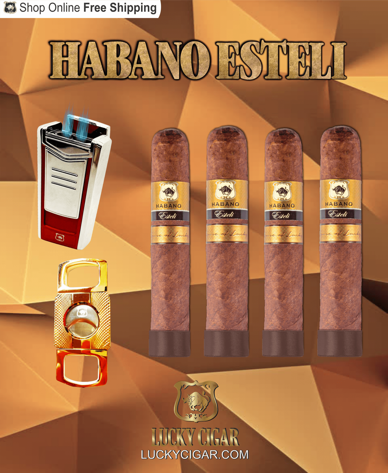 Habano Cigars: Habano Esteli by Lucky Cigar: Set of 4 Cigars, 4 Gordo with Cutter, Lighter