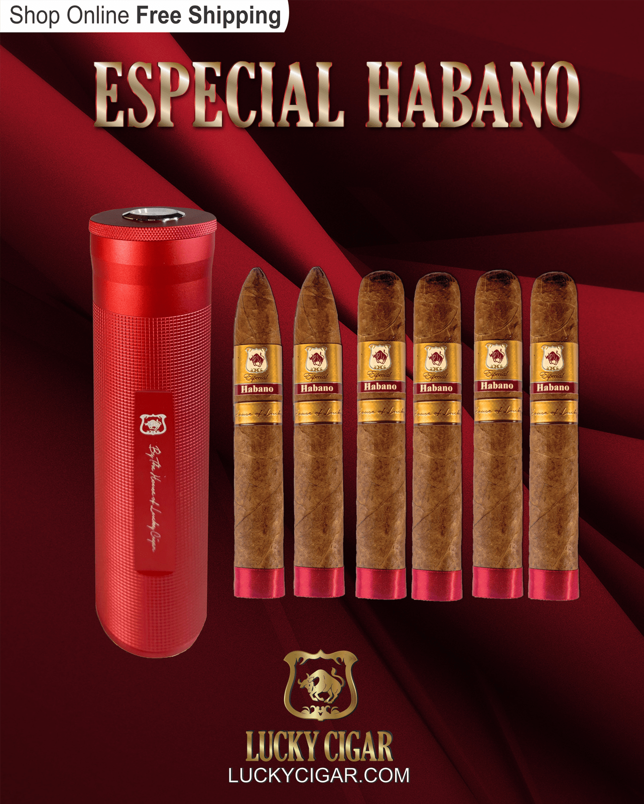 Habano Cigars: Especial Habano by Lucky Cigar: Set of 6 Cigars 4 Toro, 2 Torpedo with Humidor