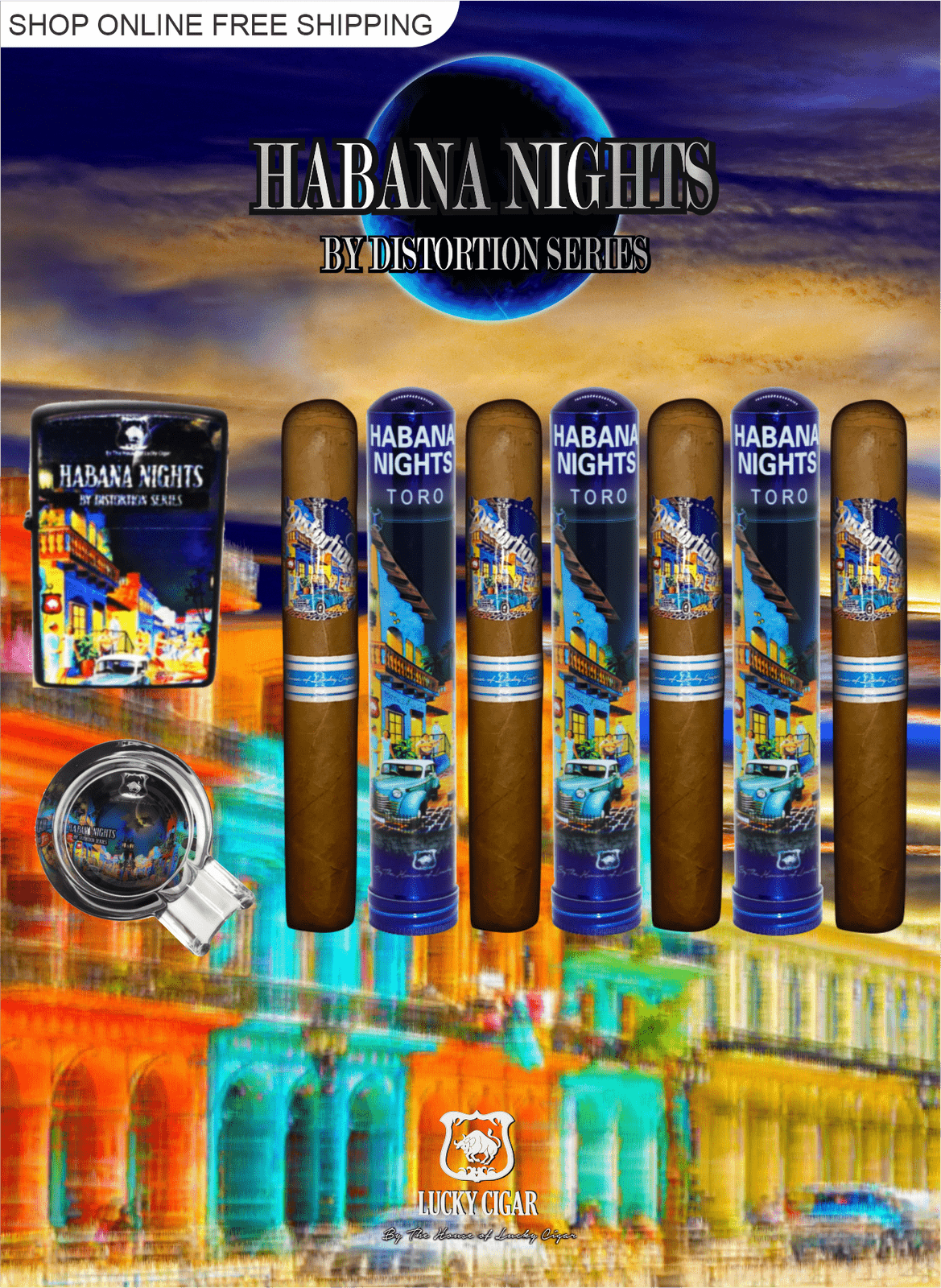 Habana Nights 6x50 Cigar From The Distortion Series: 4 Cigars with Flint Lighter and Ashtray