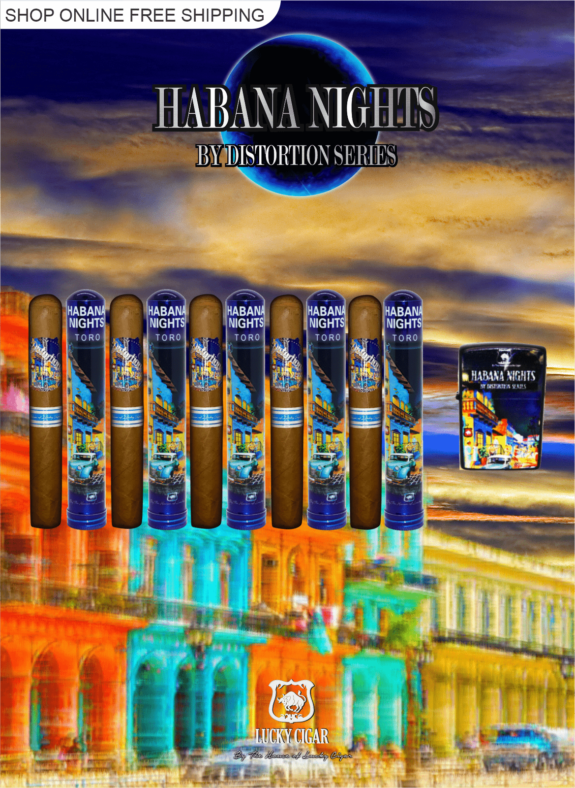 Habana Nights 6x50 Cigar From The Distortion Series: 5 Cigars with matching Flint Lighter