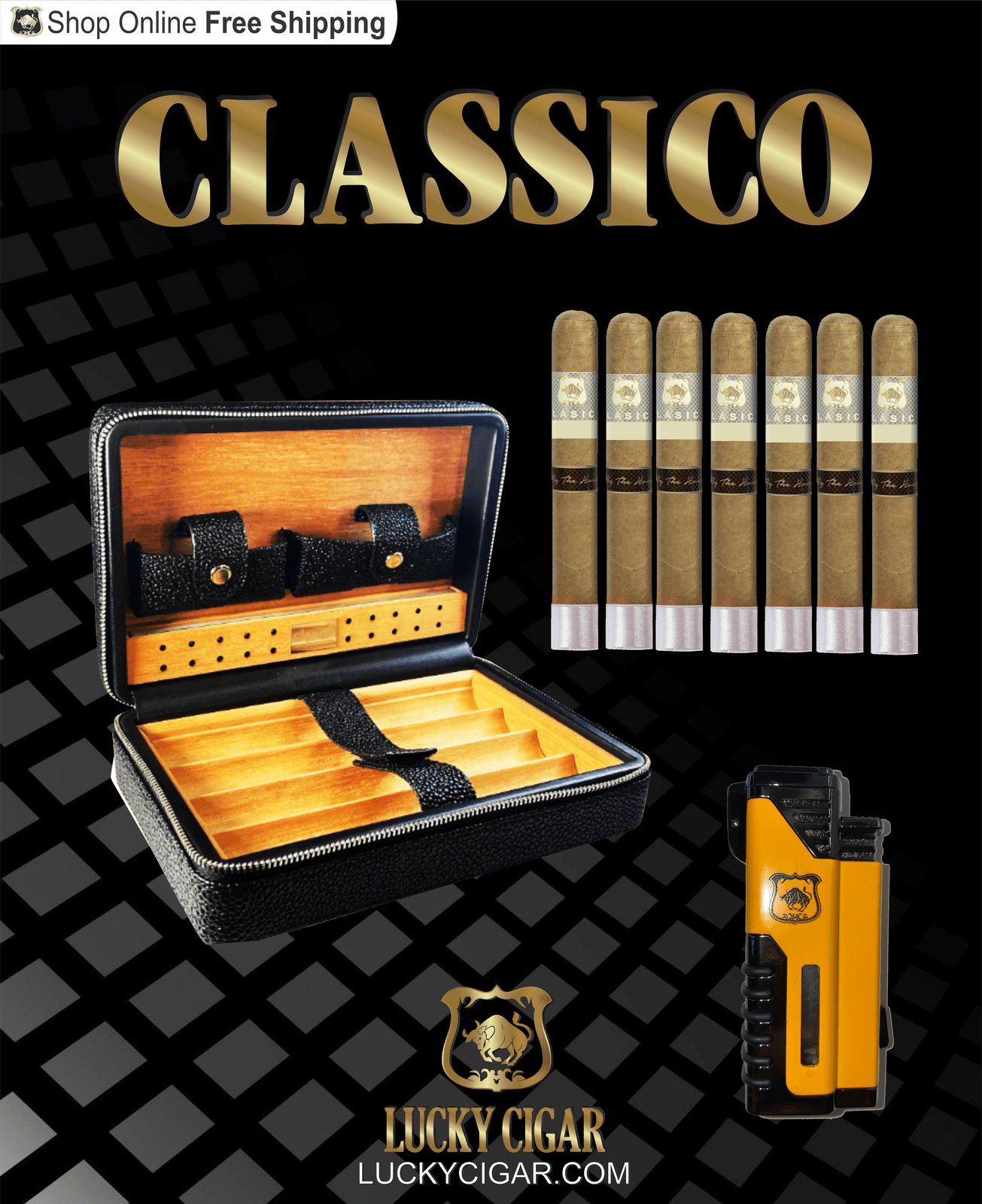 Lucky Cigar Sampler Sets: Set of 2 Classico Cigars with Torch, Travel Humidor Case