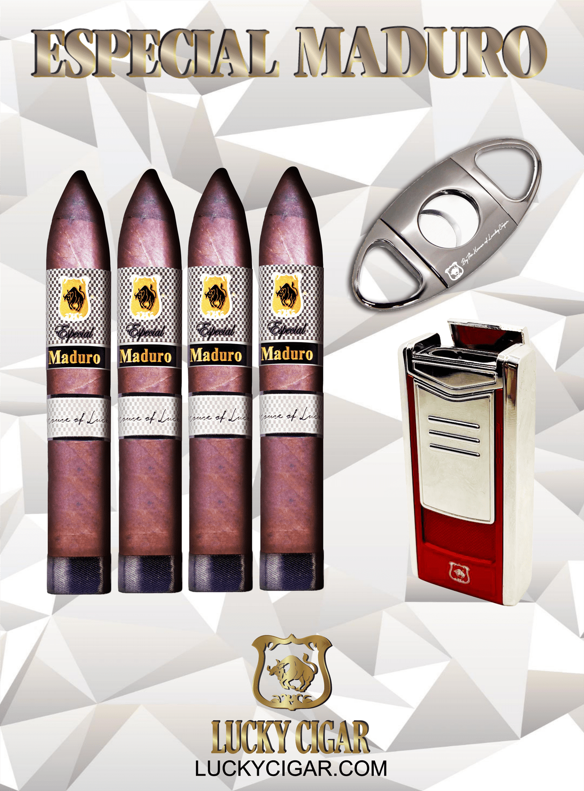 Maduro Cigars: Especial Maduro by Lucky Cigar: Set of 4 Cigars, 4 Torpedo with Torch, Cutter