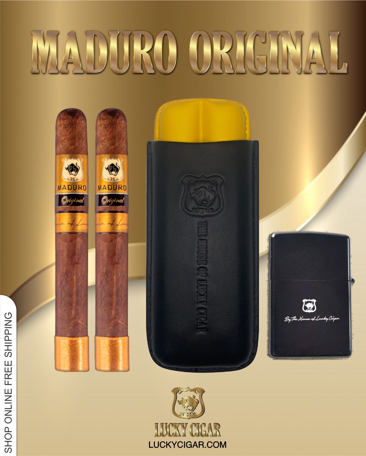 Maduro Cigars: Maduro Original by Lucky Cigar: Set of 2 Churchill with Humidor, Lighter