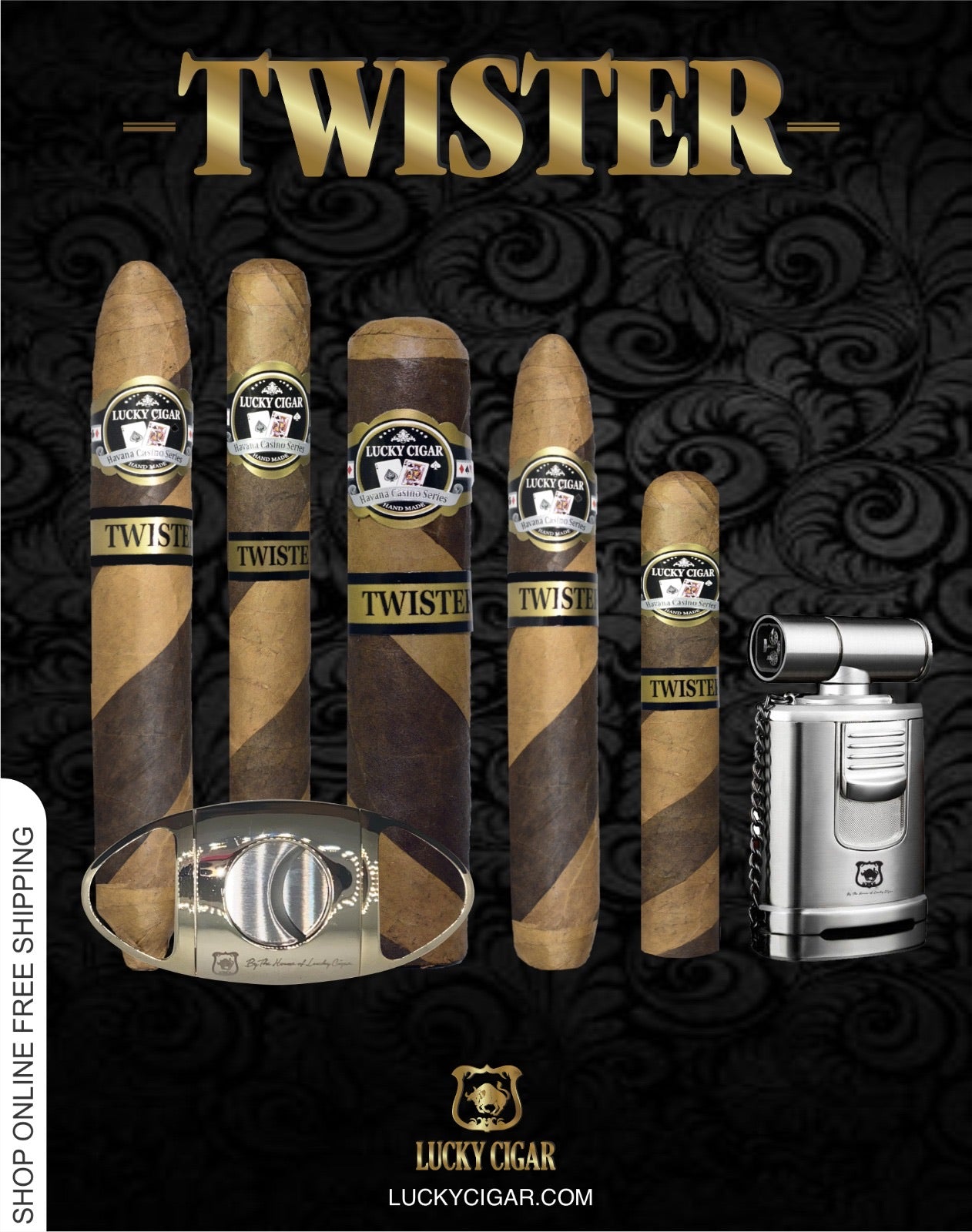 Lucky Cigar Sampler Sets: Set of 5 Twister Cigars with Cutter, Desk Torch