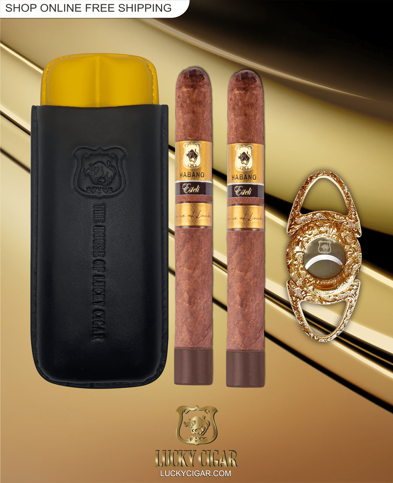 Lucky Cigar Sampler Sets: Set of 2 Toro Habano Esteli 6x50 Cigars with Cutter, Travel Humidor Case