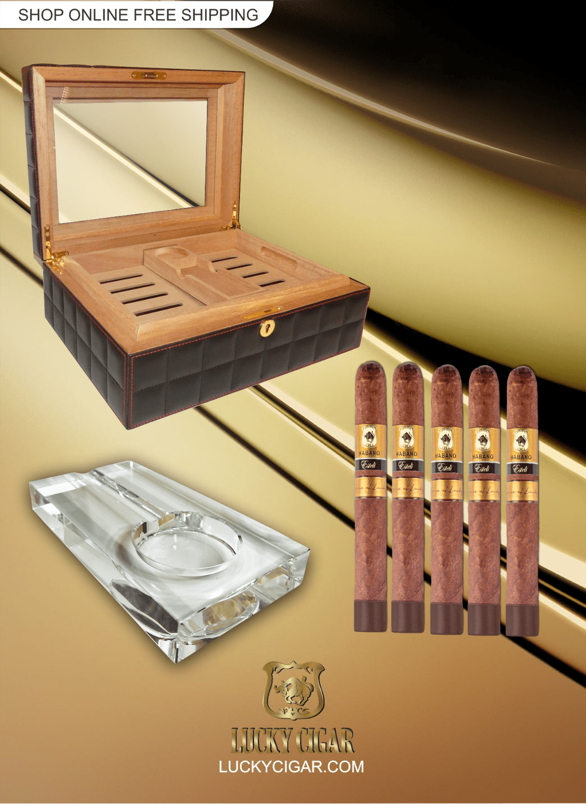 Lucky Ashtrays and Cigar Gift Sets: 5 Habano Esteli Toro, Desk Humidor, Rectangle Glass Ashtray