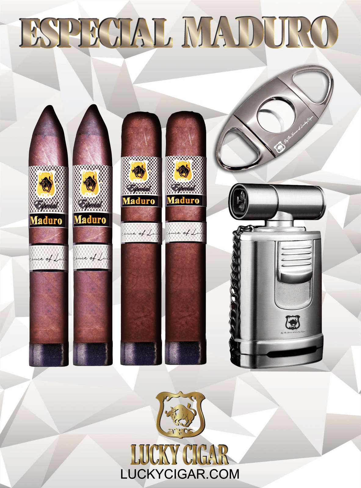 Maduro Cigars: Especial Maduro by Lucky Cigar: Set of 4 Cigars, 2 Toro, 2 Torpedo with Cutter, Torch