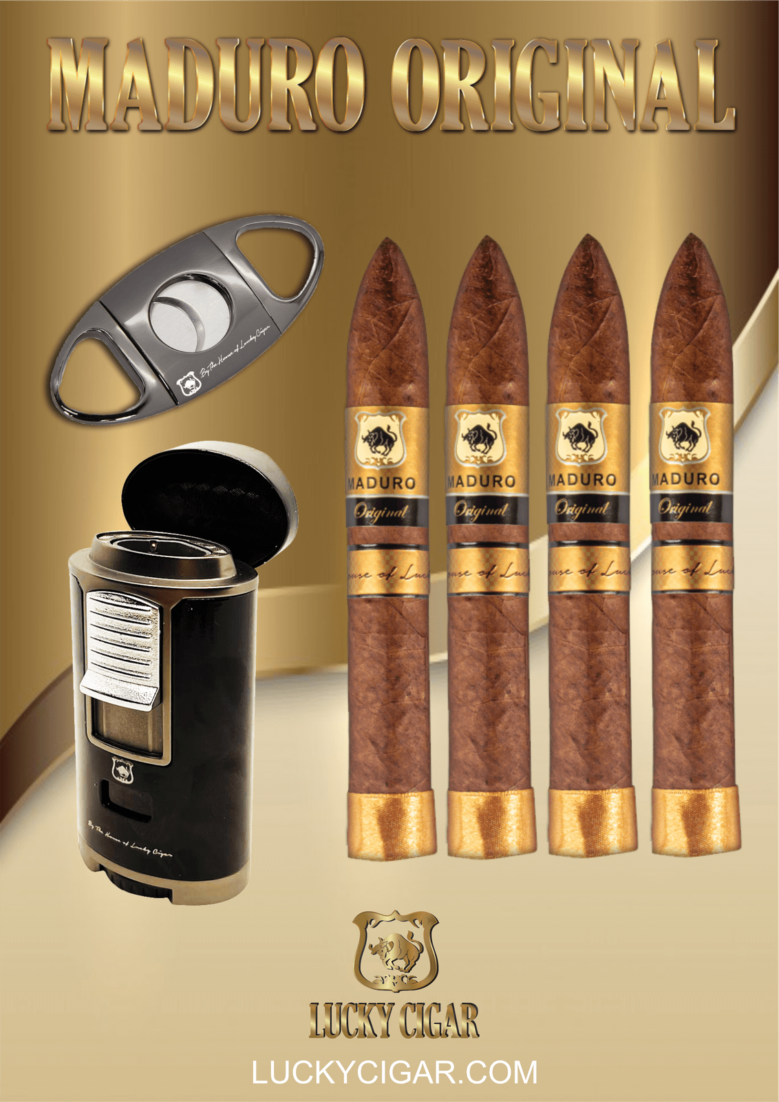 Maduro Cigars: Maduro Original by Lucky Cigar: Set of 4 Torpedo with Torch, Cutter